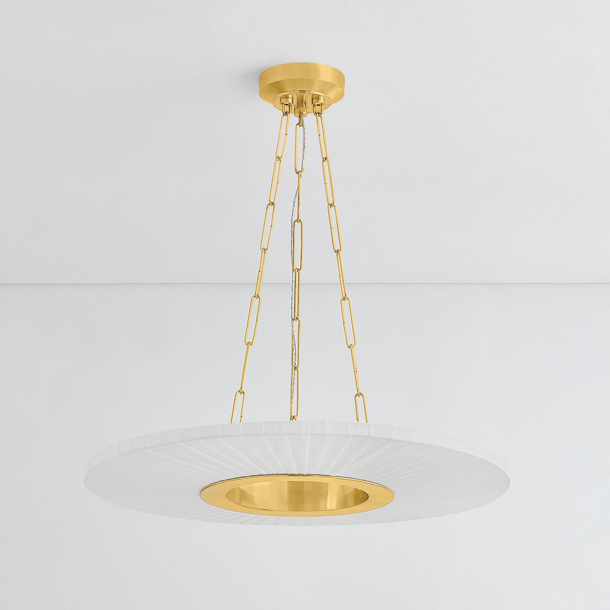 Prattsburgh Chandelier 30" in aged brass shown from a second angle to highlight the frame, arms, and shade detail.