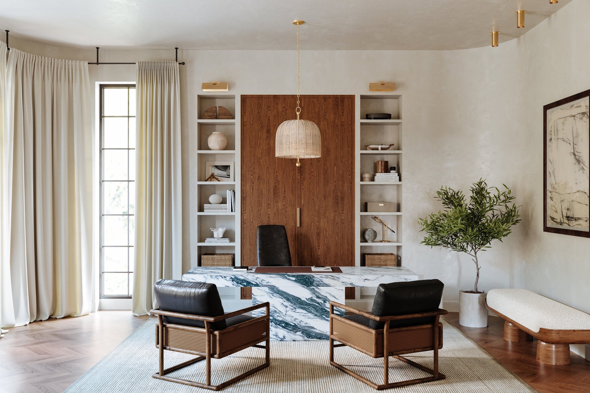 Berg Flush Mount styled in a bedroom for warm, layered light at Laurie Yapp Home.