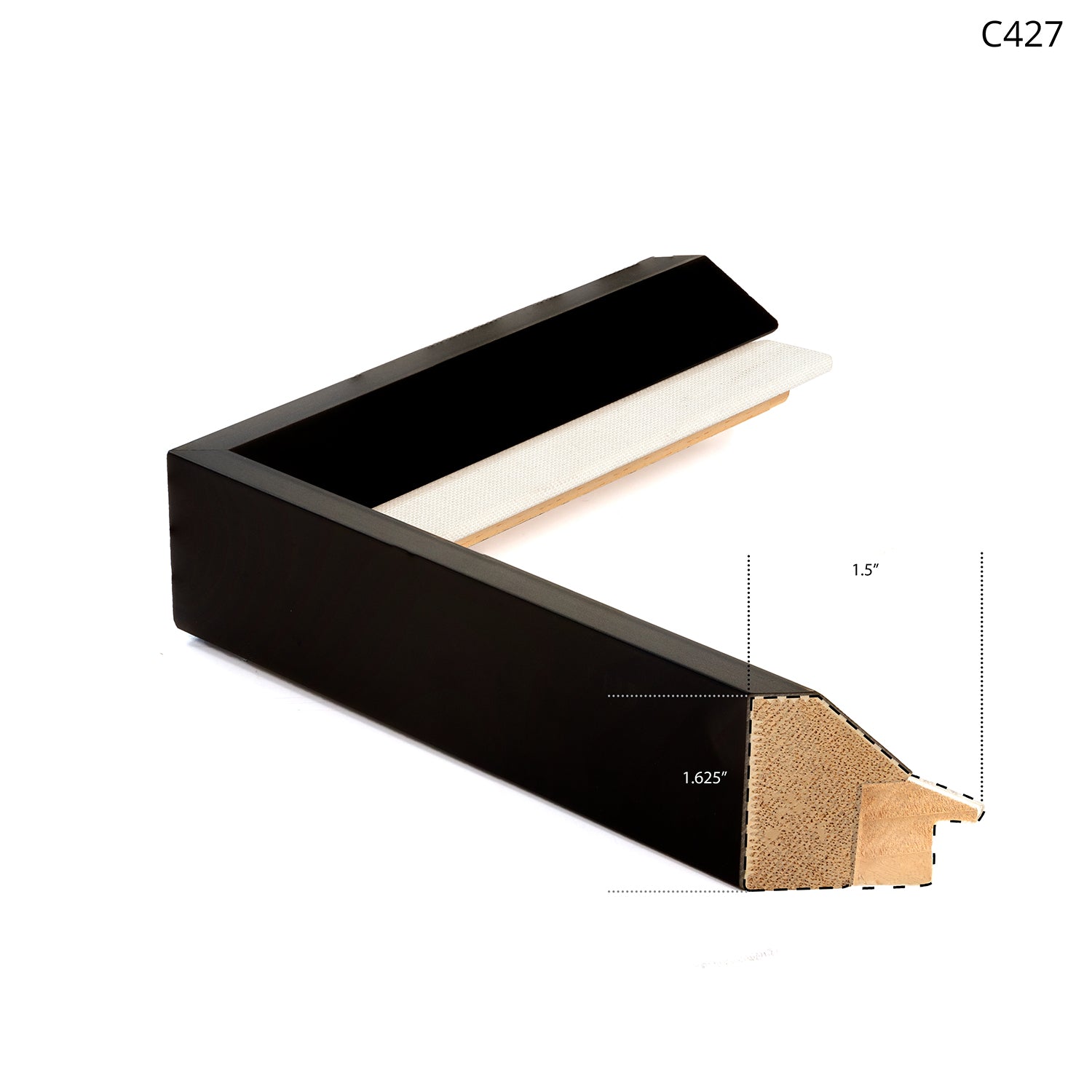 Black frame corner showing a sleek design with a smooth finish and beige backing