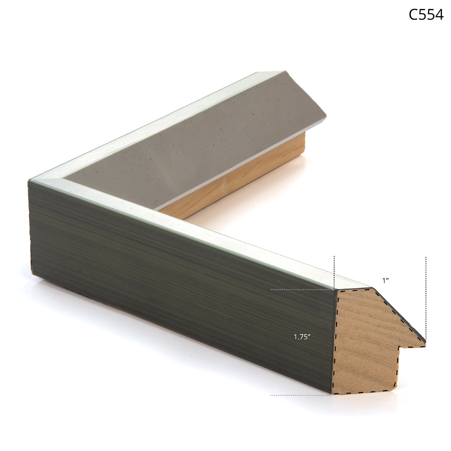 Framing sample for wall art, showcasing a modern gray and wood frame with angled edges.