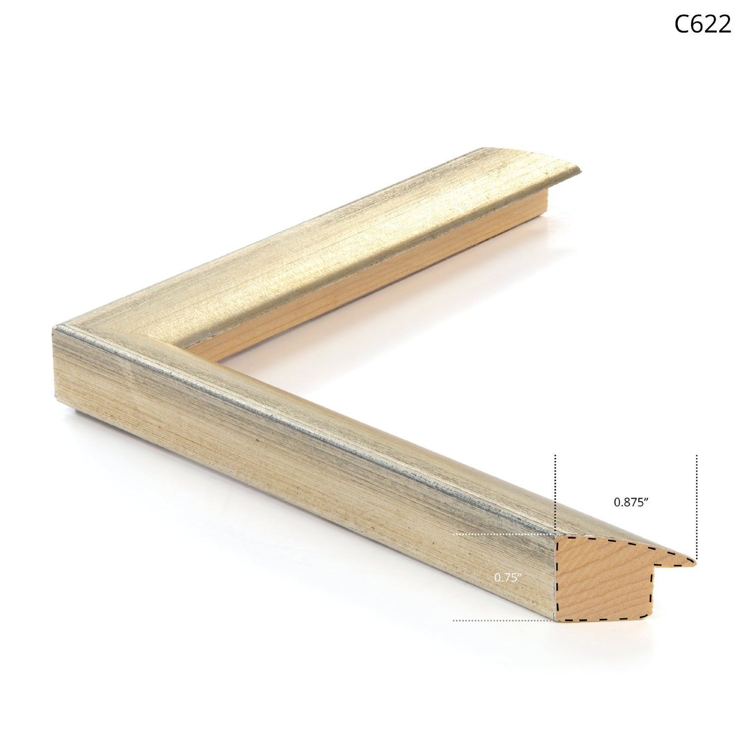 Close-up of a gold-toned wooden frame with a sleek design and visible dimensions.