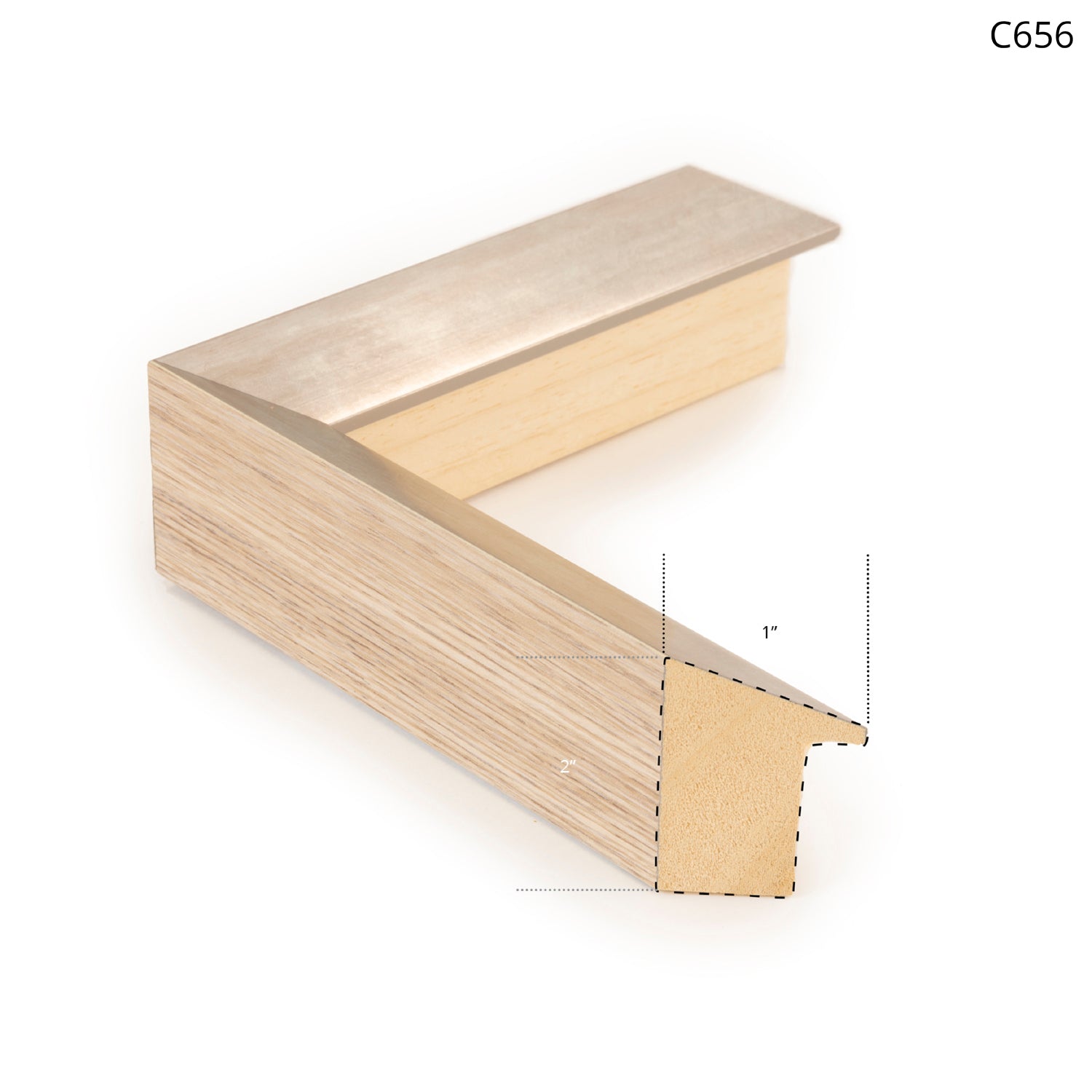 Close-up of a wooden frame with a metallic edge, showcasing a light wood finish and dimensions for reference.