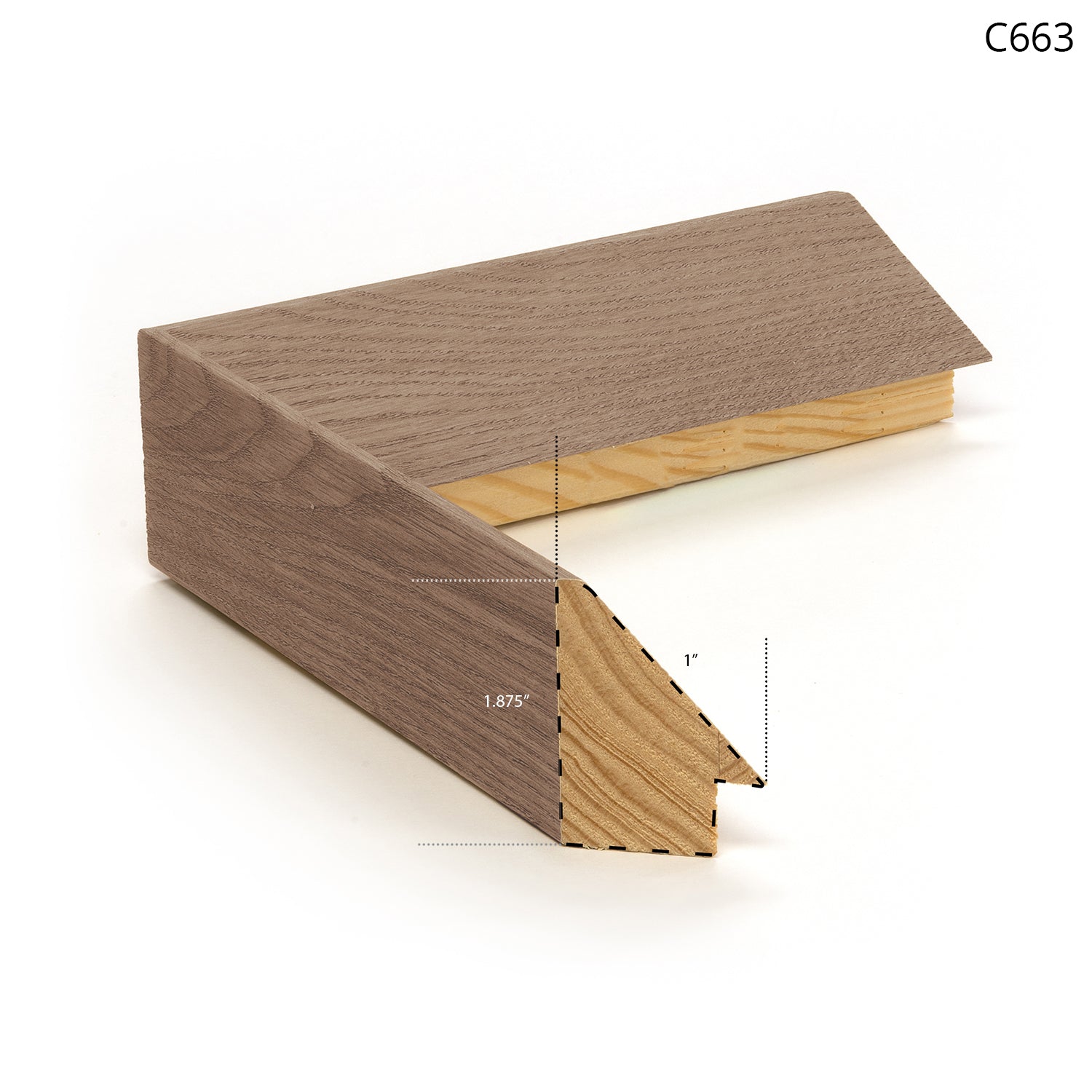 Wooden picture frame sample in a light brown finish, showcasing a corner view.