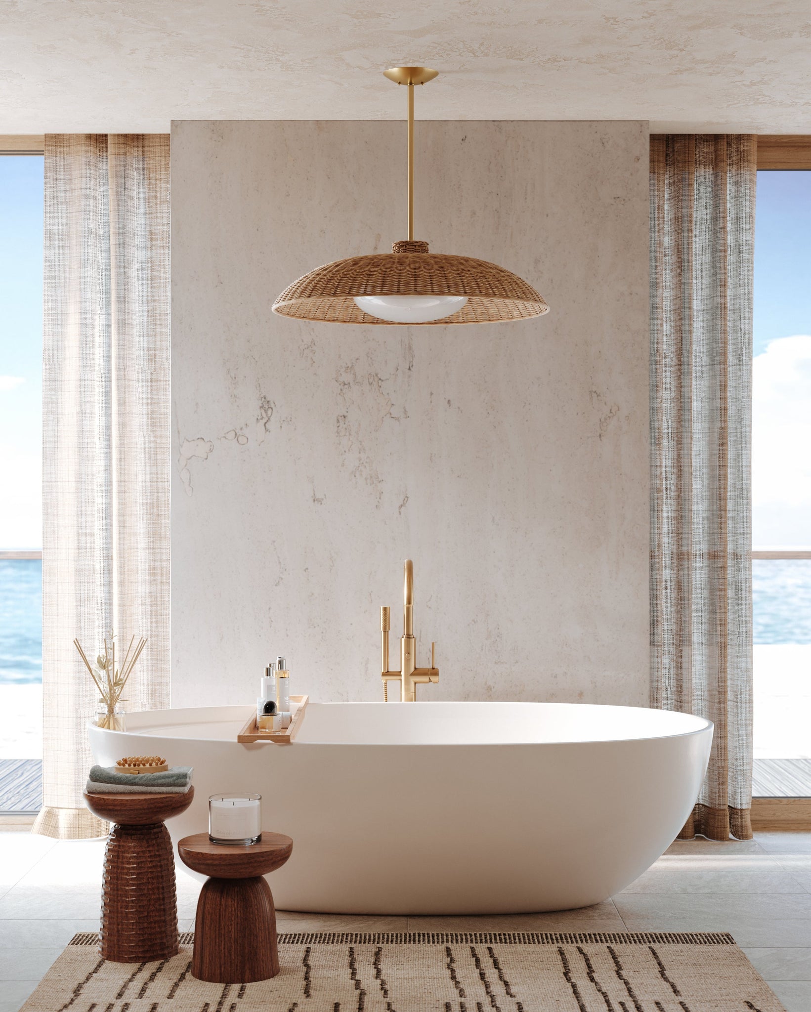 Delano Pendant 32.5" shown from the front to reveal the shade shape and metal detail.