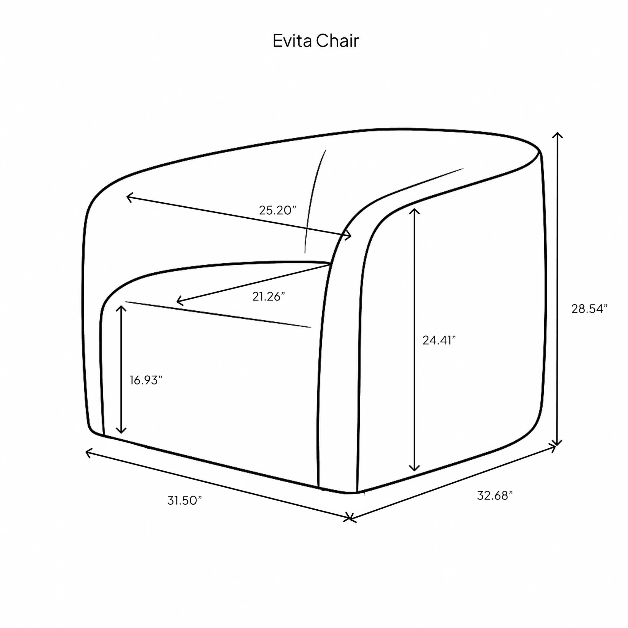 Line drawing of an Evita Chair with dimensions labeled