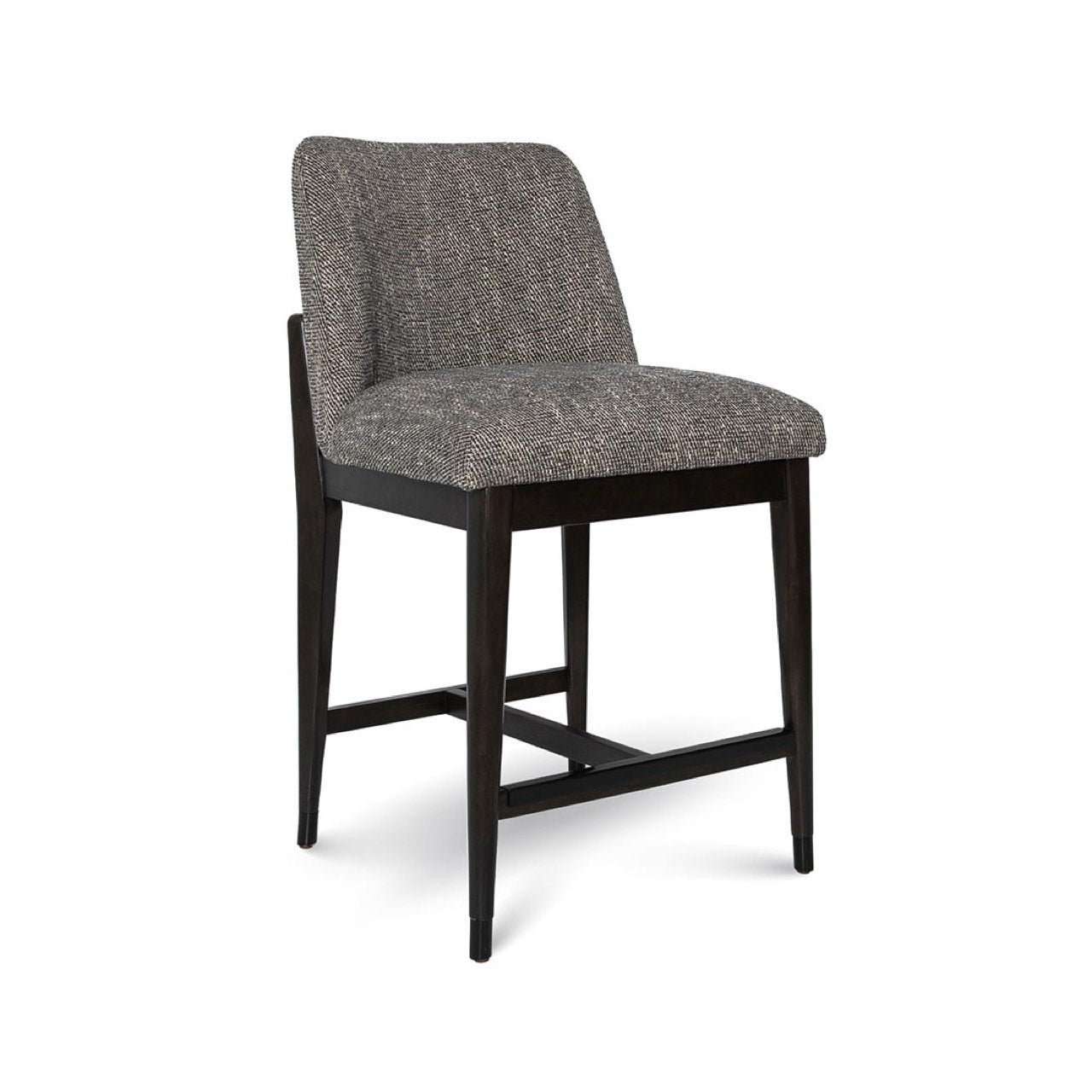 Gray upholstered bar stool with black legs on a white background