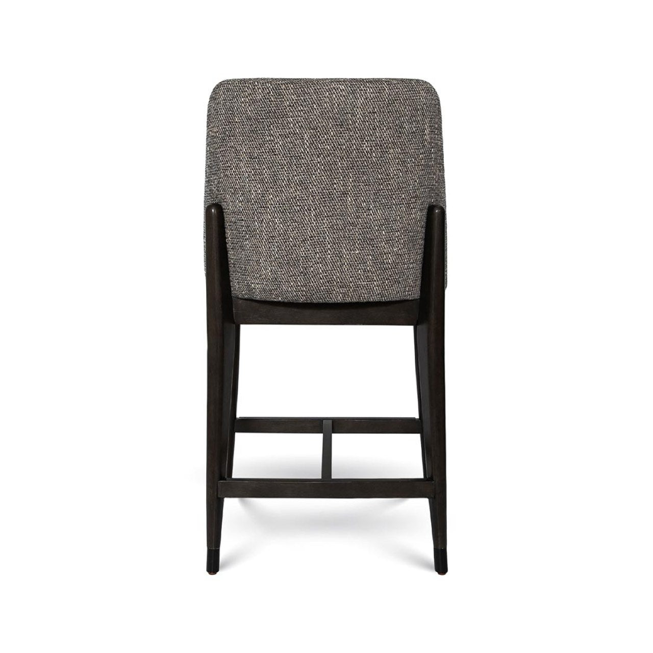 Bar stool with gray upholstered backrest and black frame on a white background