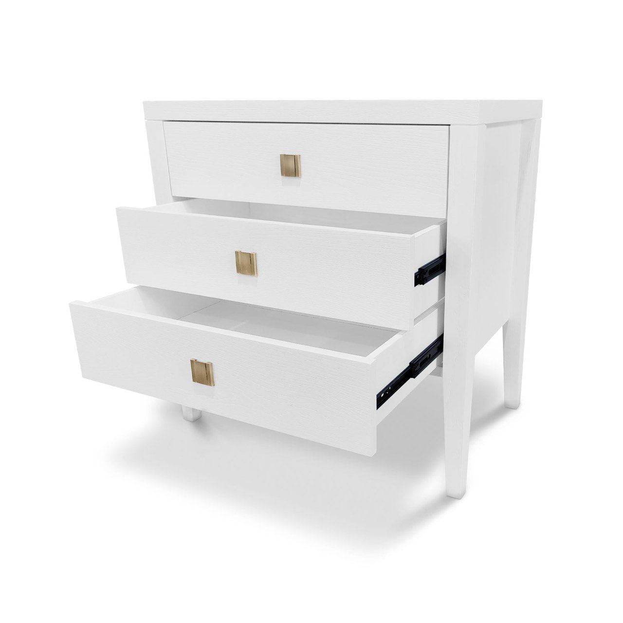 White dresser with three drawers on a white background