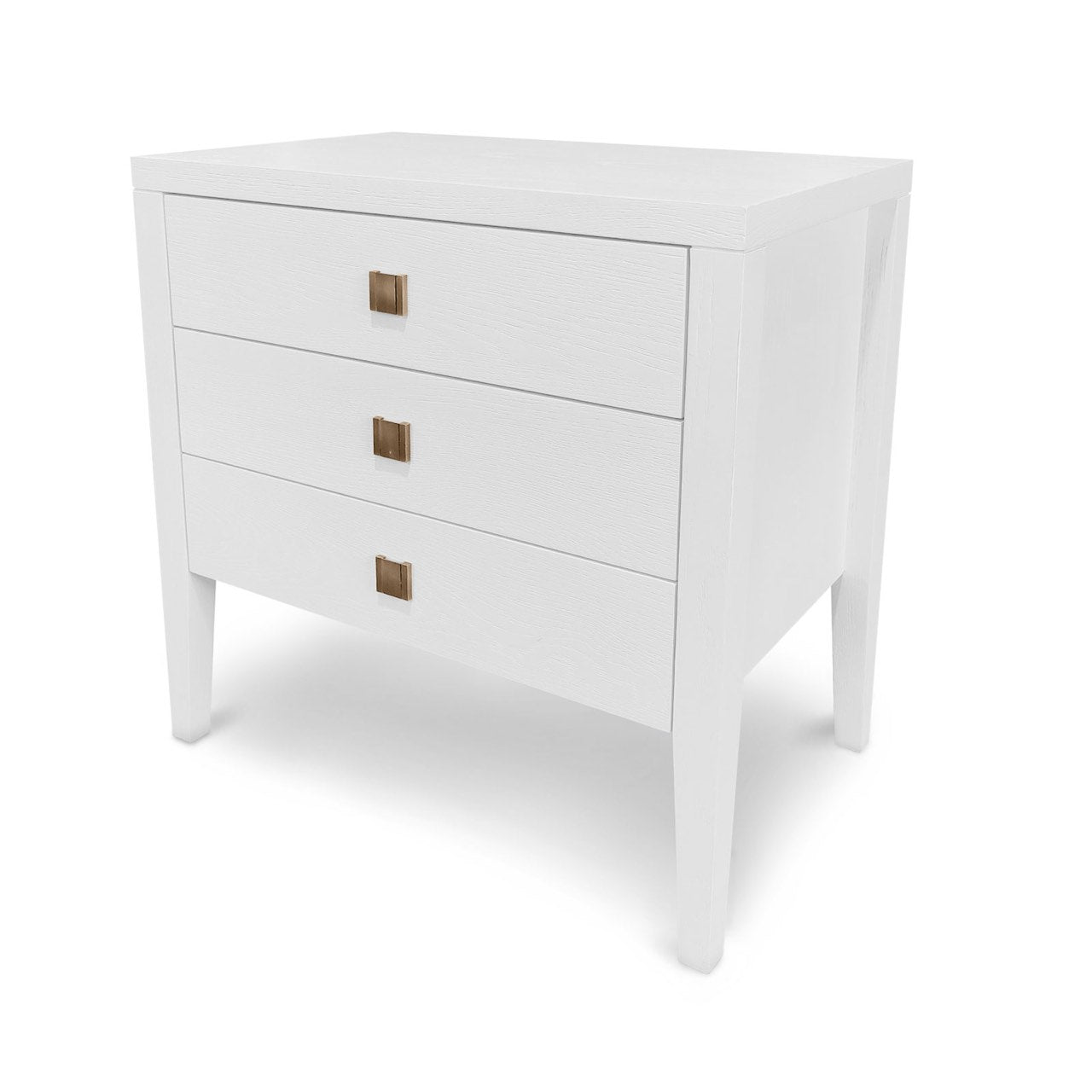White dresser with three drawers on a white background