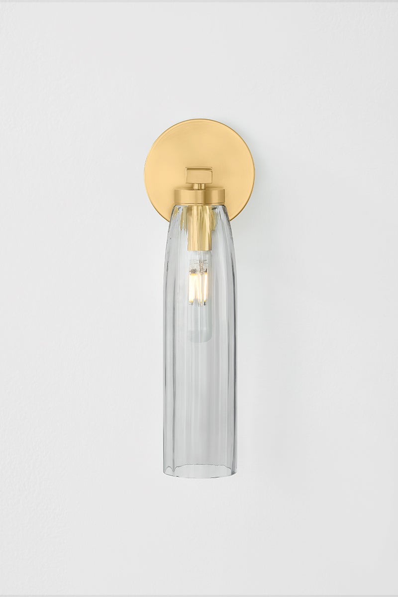 Harpswell Bath And Vanity 4.75" x 14.25" in aged brass shown from a second angle to highlight the arm spread and shade silhouette.