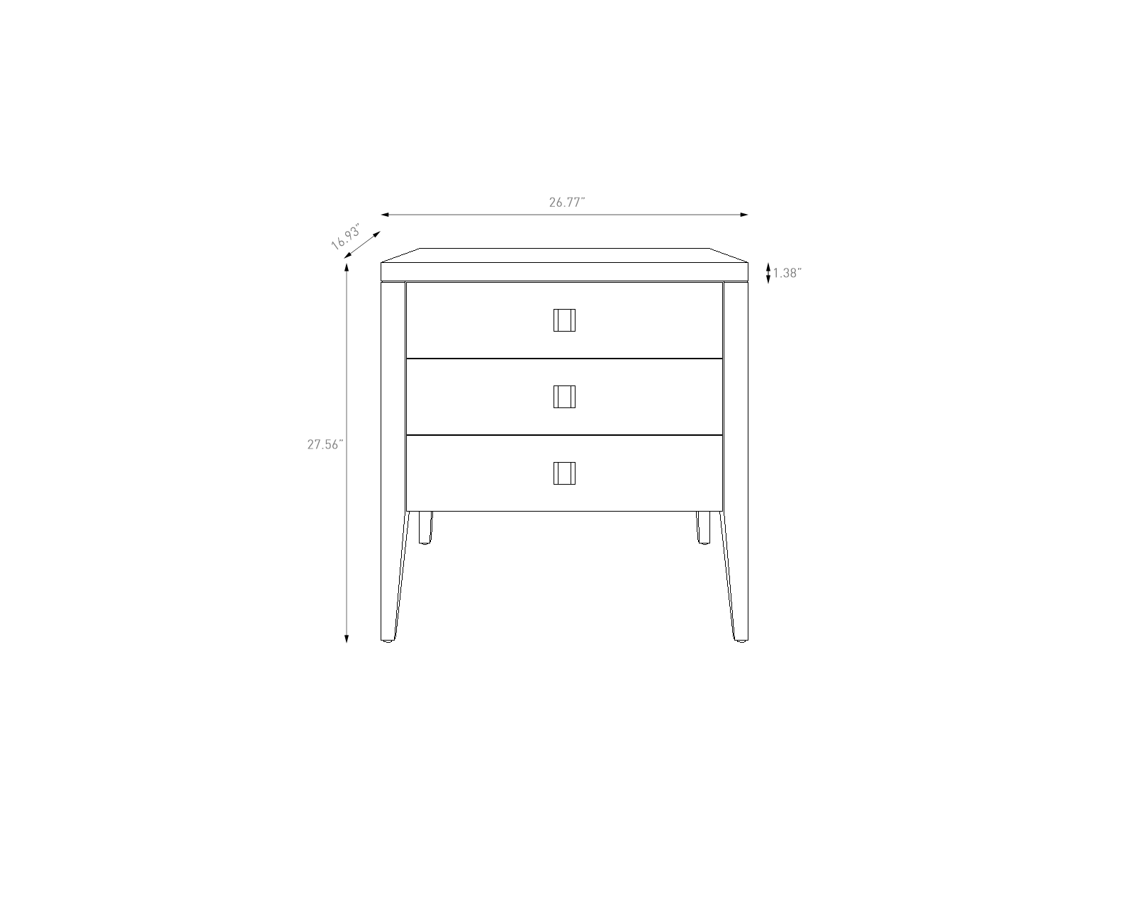 Line drawing of a small wooden side table with dimensions