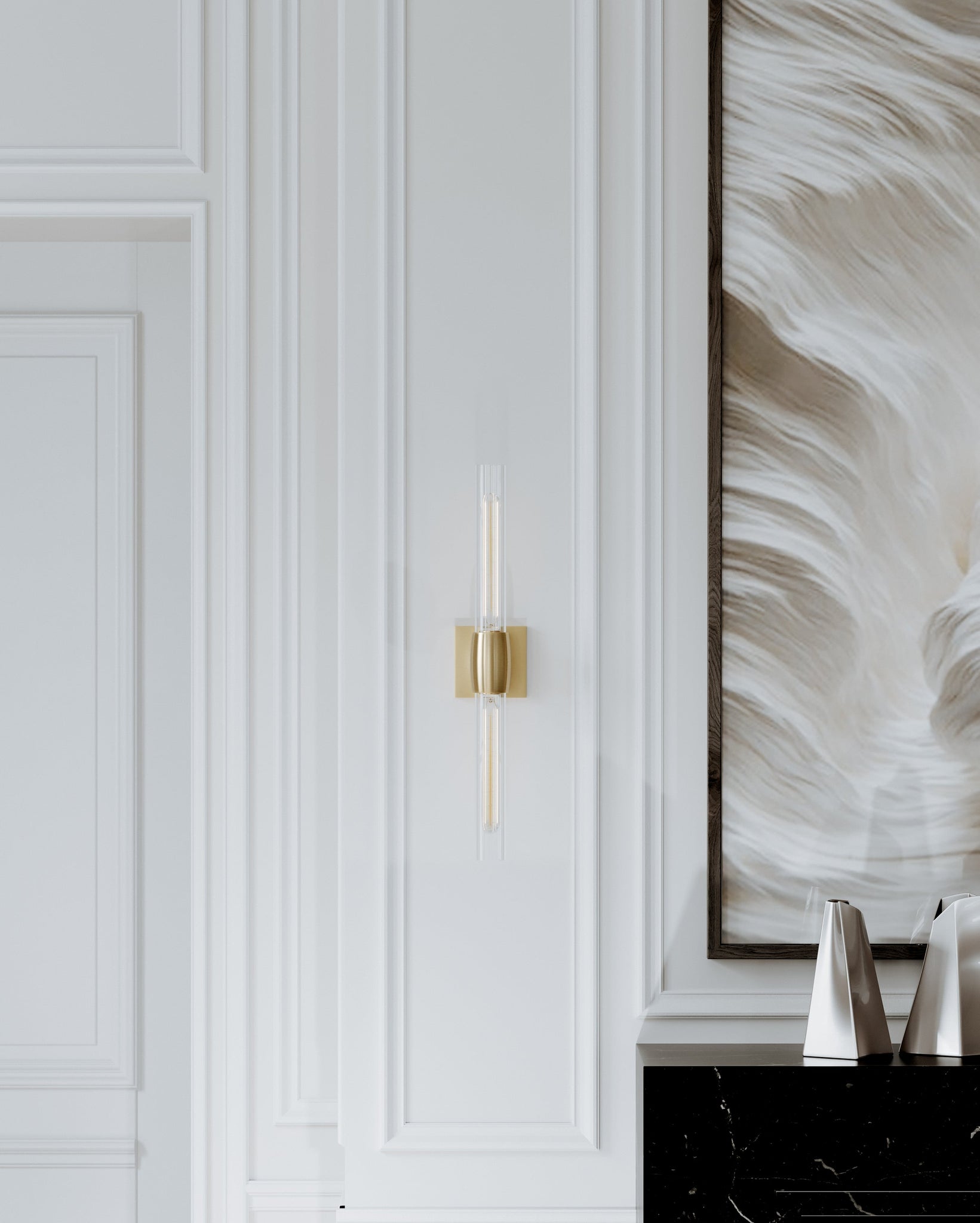 Hogan Wall Sconce 4.5" x 24.5" in aged brass shown from a second angle to highlight the arm curve and shade silhouette.