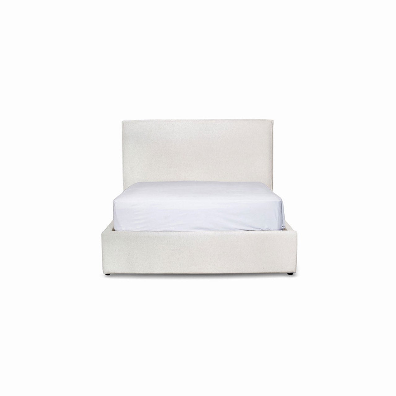 Beige bed frame with white mattress on a white background