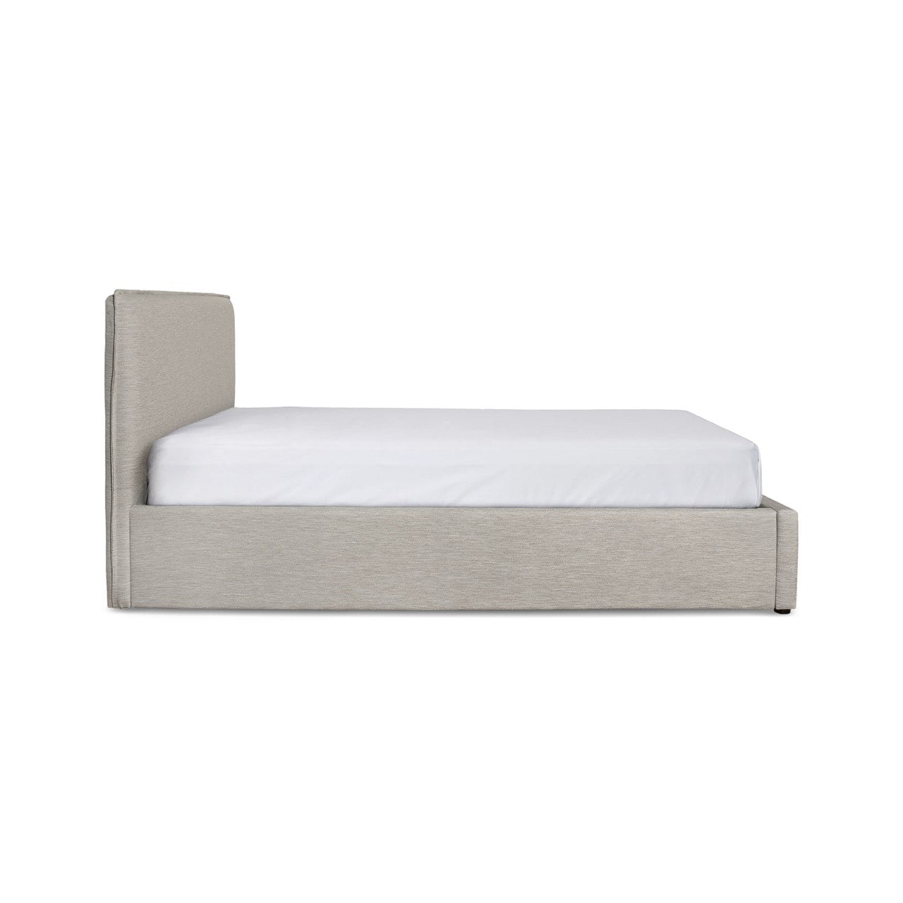 Gray upholstered bed with white mattress on a white background