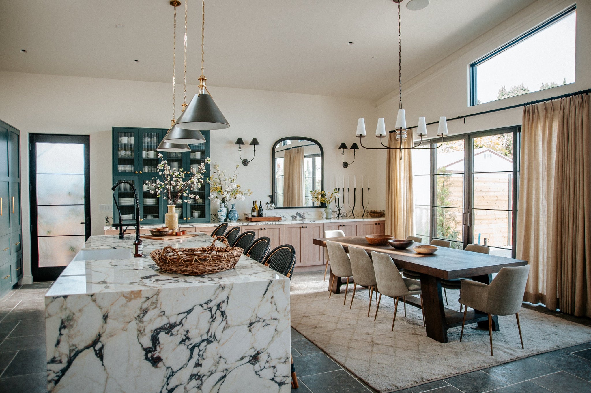Metal No. 2 Pendant 16" in bronze styled in an elegant dining room for warm, layered light at Laurie Yapp Home.