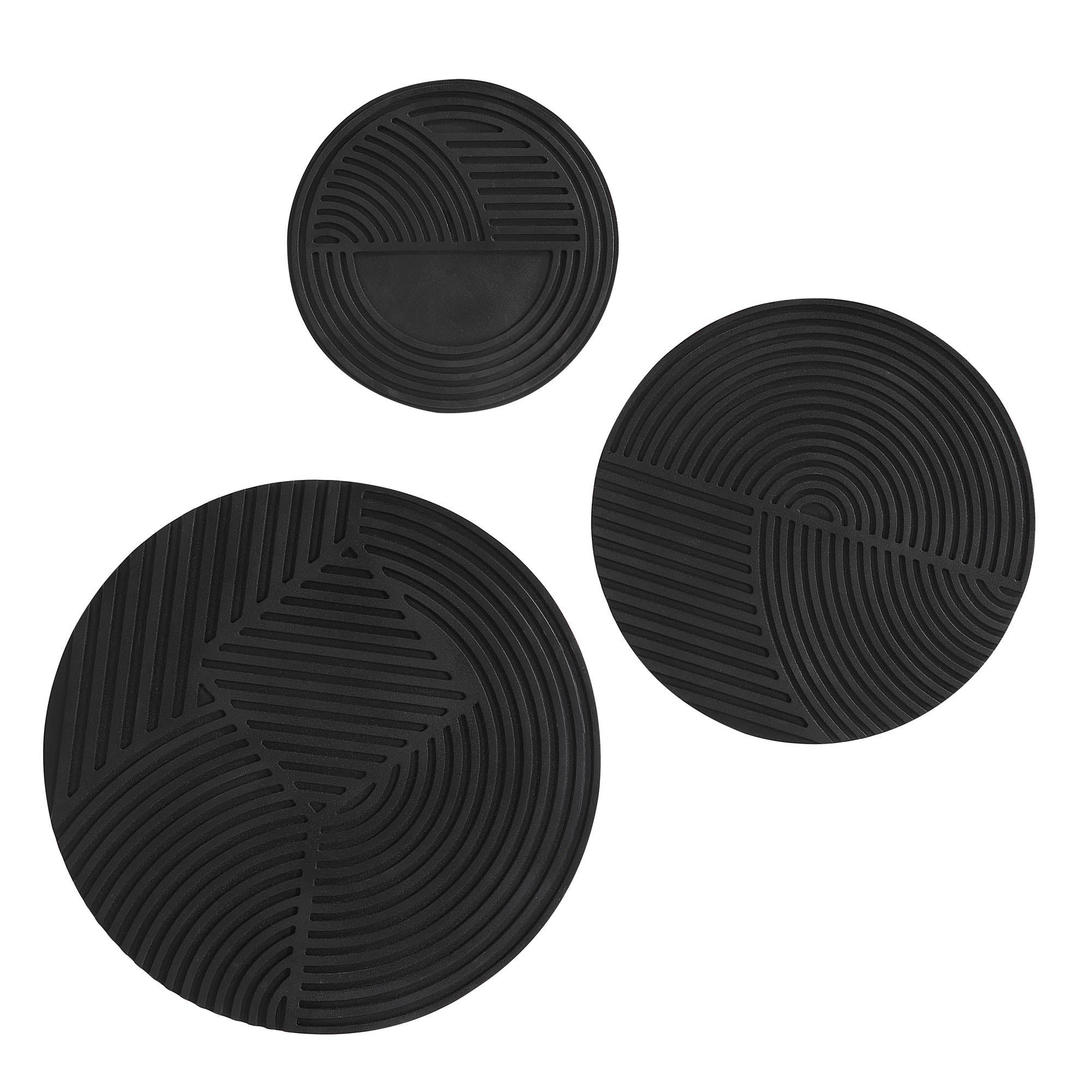 Sofia Wall Art in black featuring three circular pieces with textured patterns.