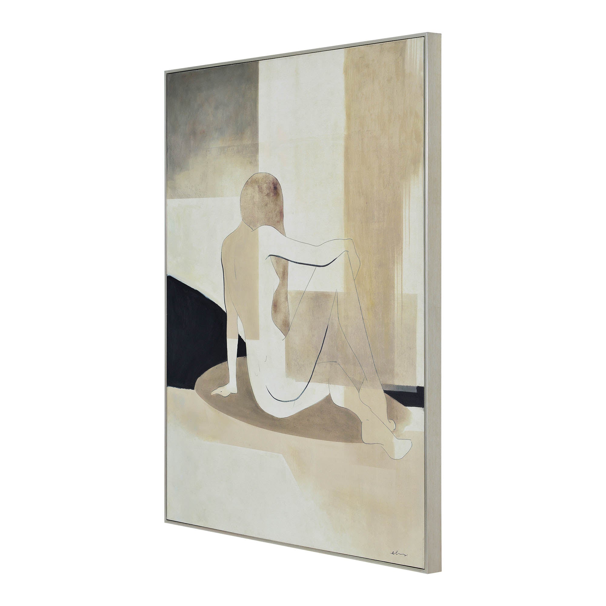 Avella canvas art showing a side view of a seated figure in soft beige and black tones.