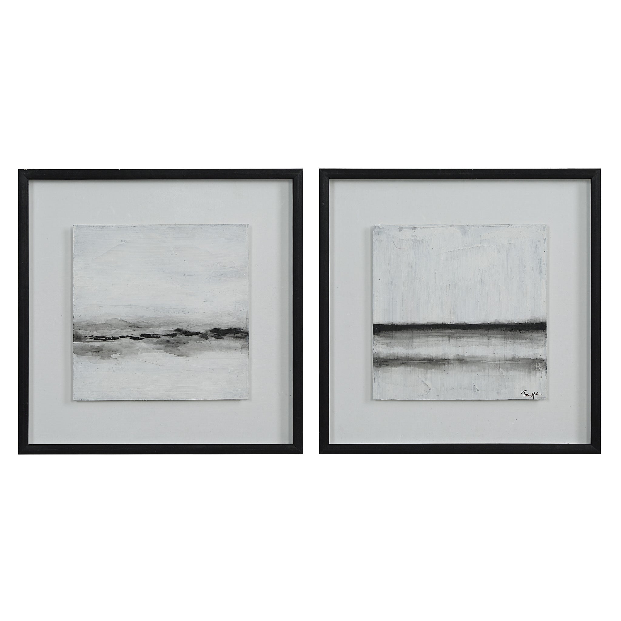 Tangelo wall art by Renwil featuring two black and white abstract paintings in frames.
