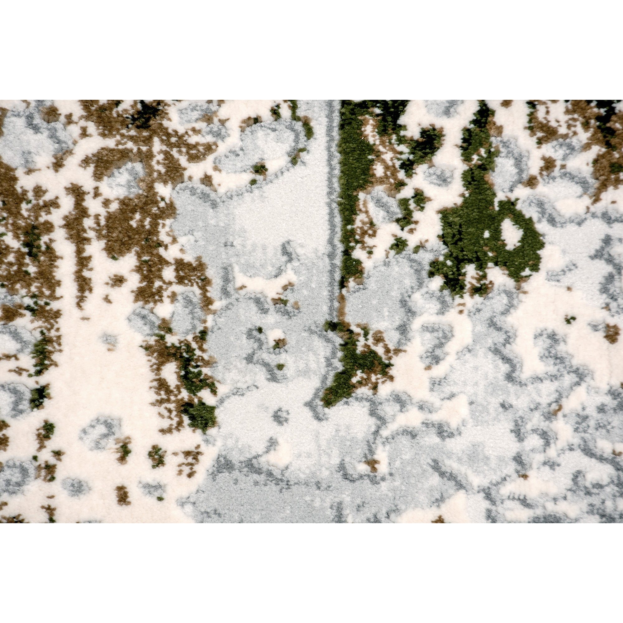 Detailed view of the Ariella Indoor Rug's surface, showing the intricate gray and green pattern.