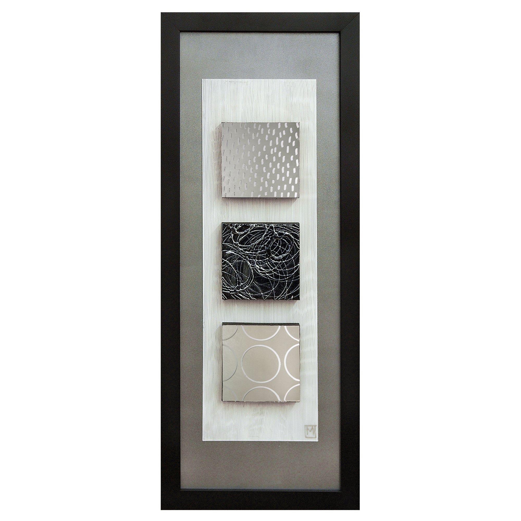 Reflections I Wall Art featuring three textured squares in silver and black, framed in a sleek black frame.