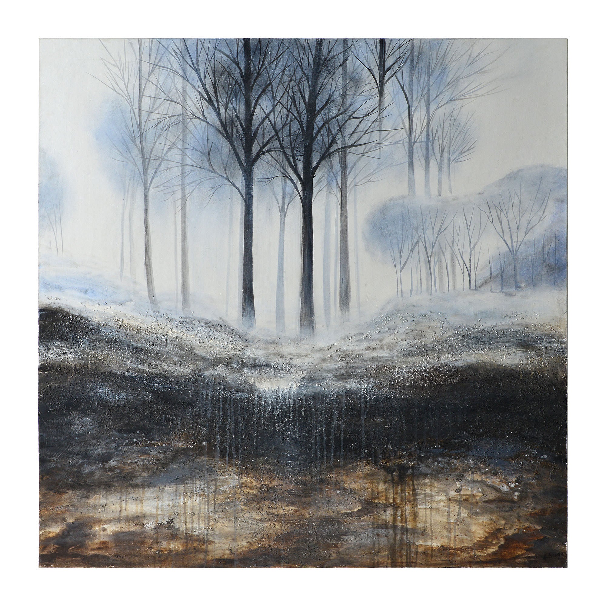 Rainier Canvas Art featuring a misty landscape with bare trees and dark earth tones.