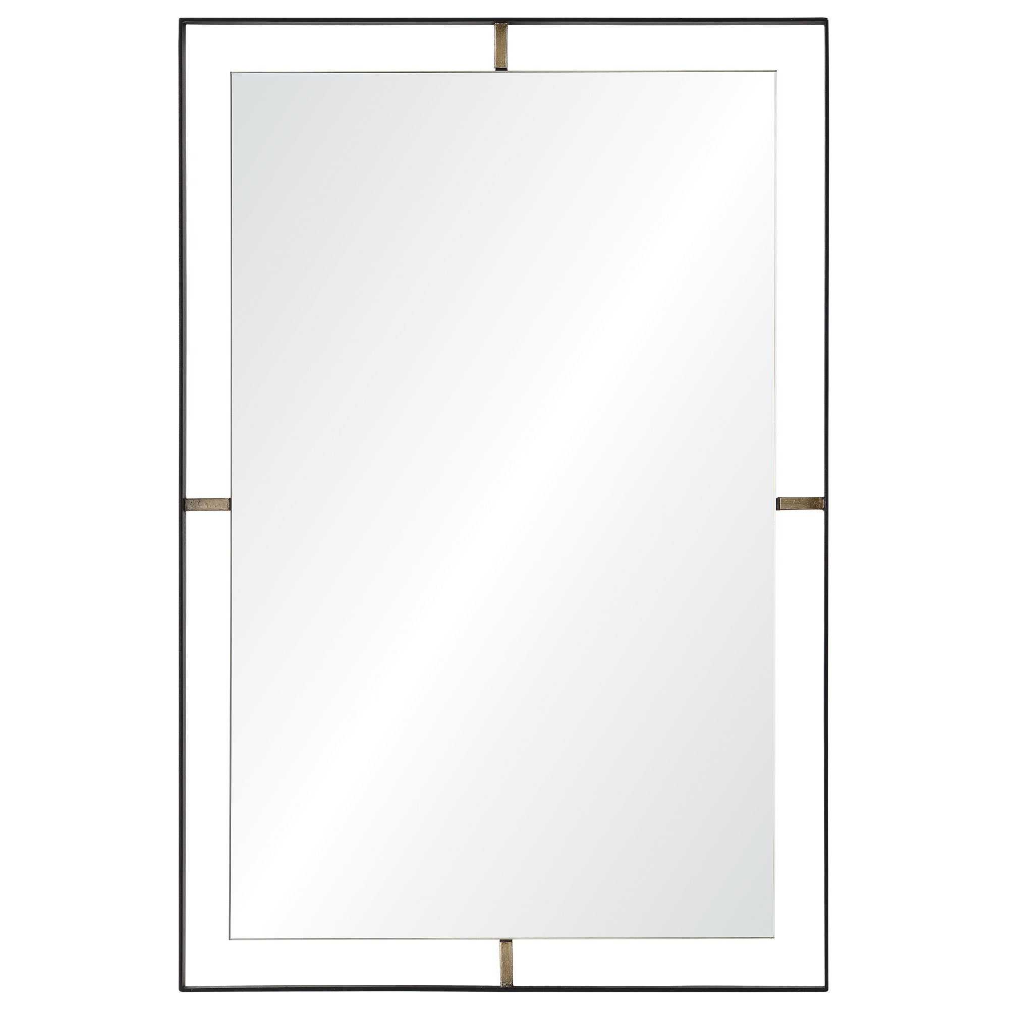 Heston Wall Mirror with a sleek black frame and gold accents, reflecting light.