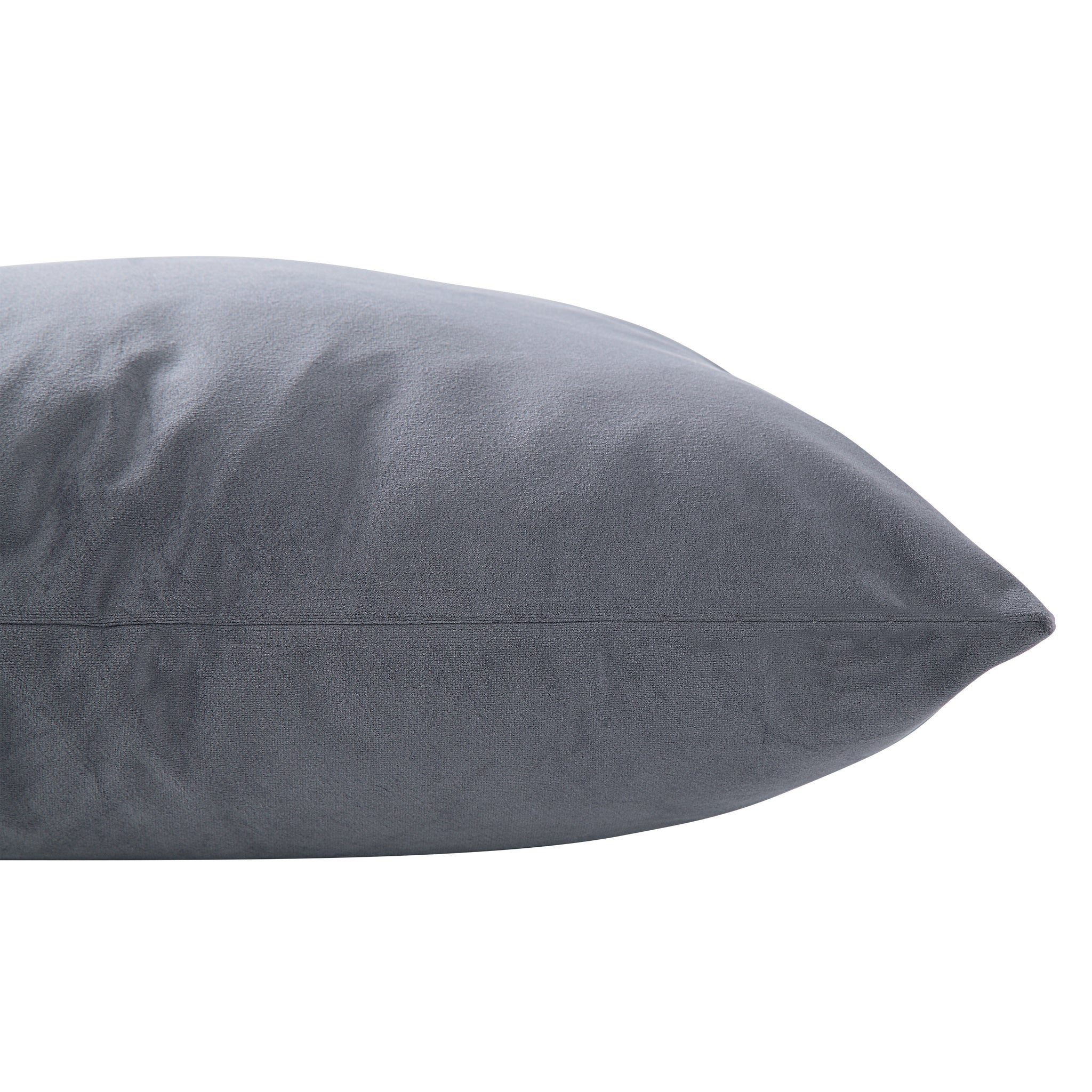 Anemone Indoor Pillow in soft gray fabric, showcasing a smooth texture and tapered edge, viewed from the side.