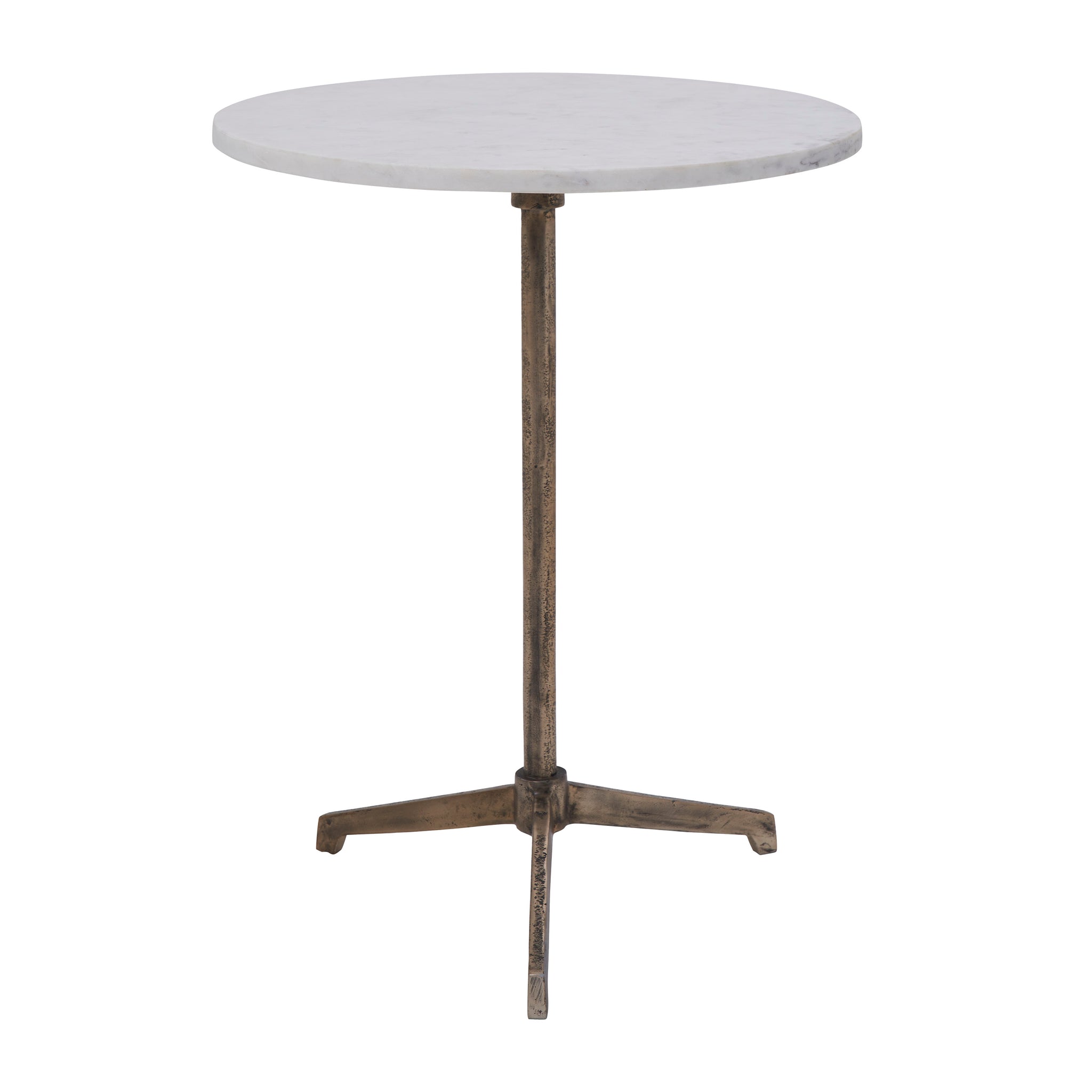 Canning Side Table with a round white marble top and a bronze metal base.