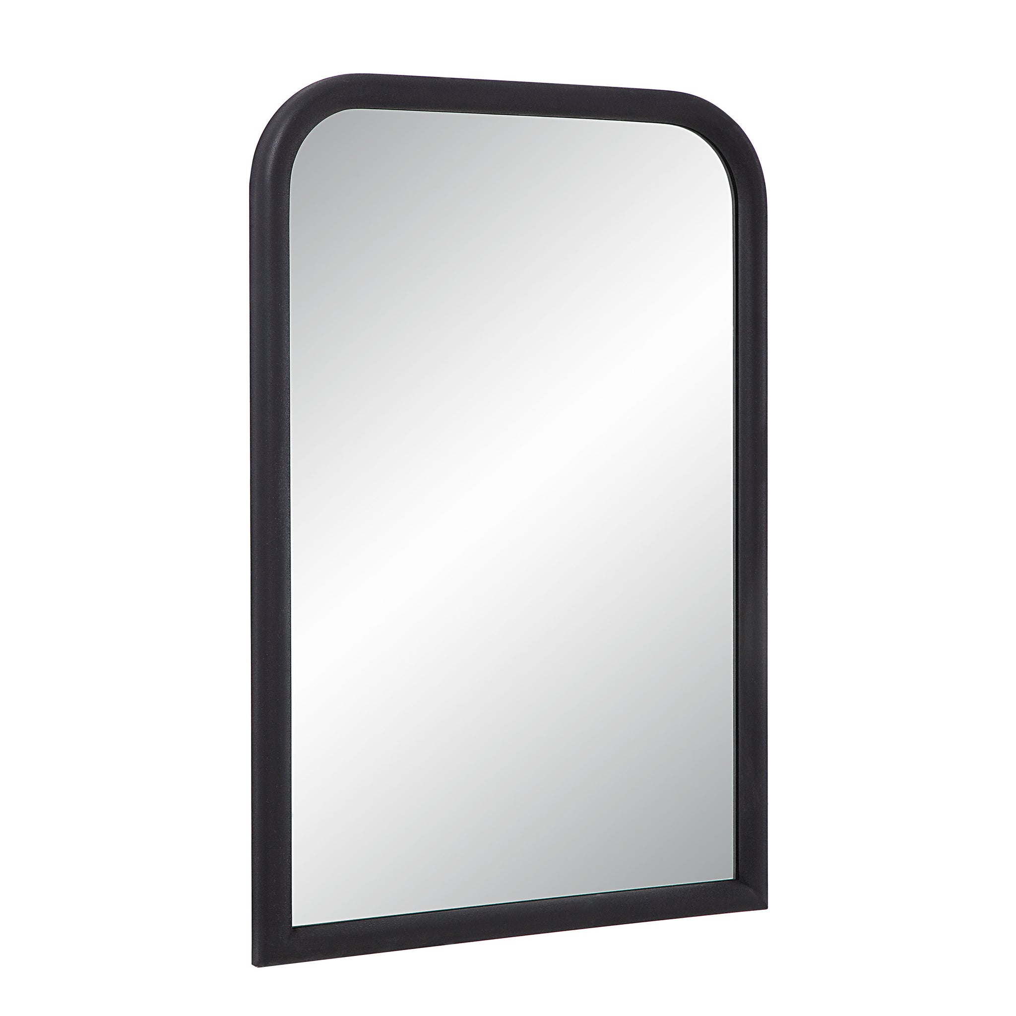 Dovima Wall Mirror angled view showing a black frame and rounded top.