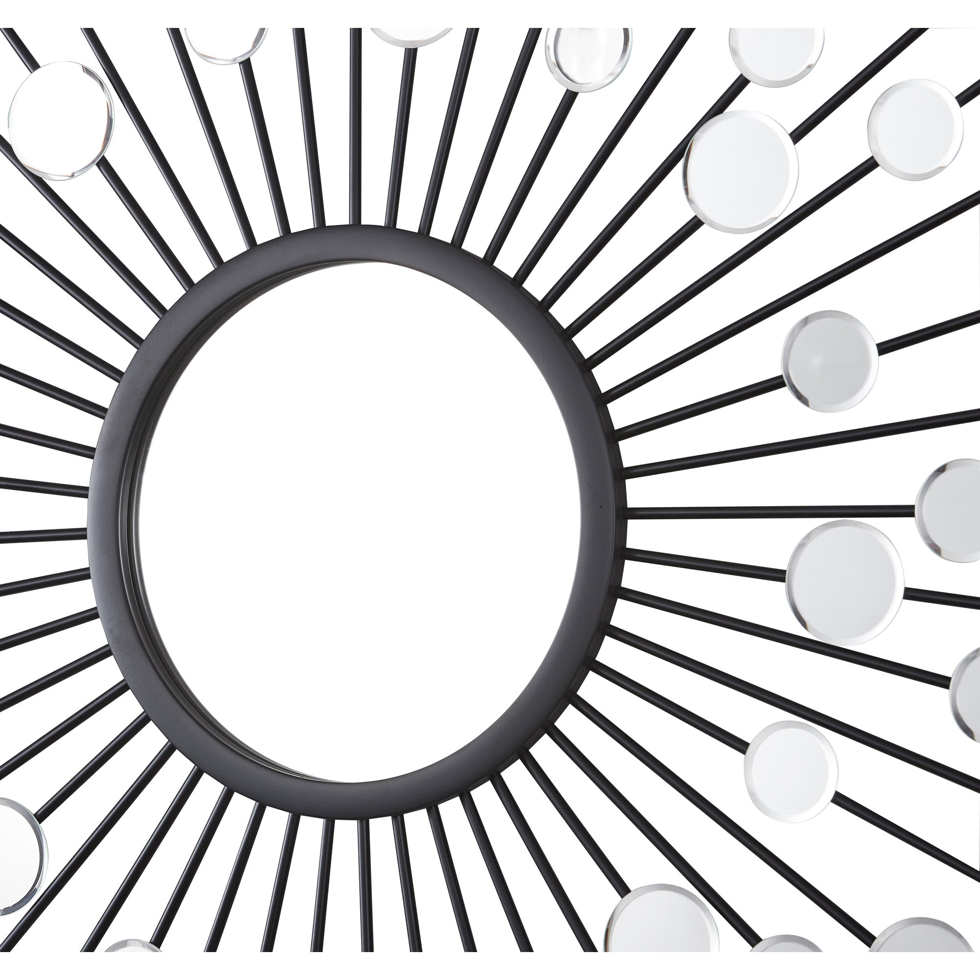 Maryam Wall Mirror showcasing black rays and circular glass accents, detailed view.