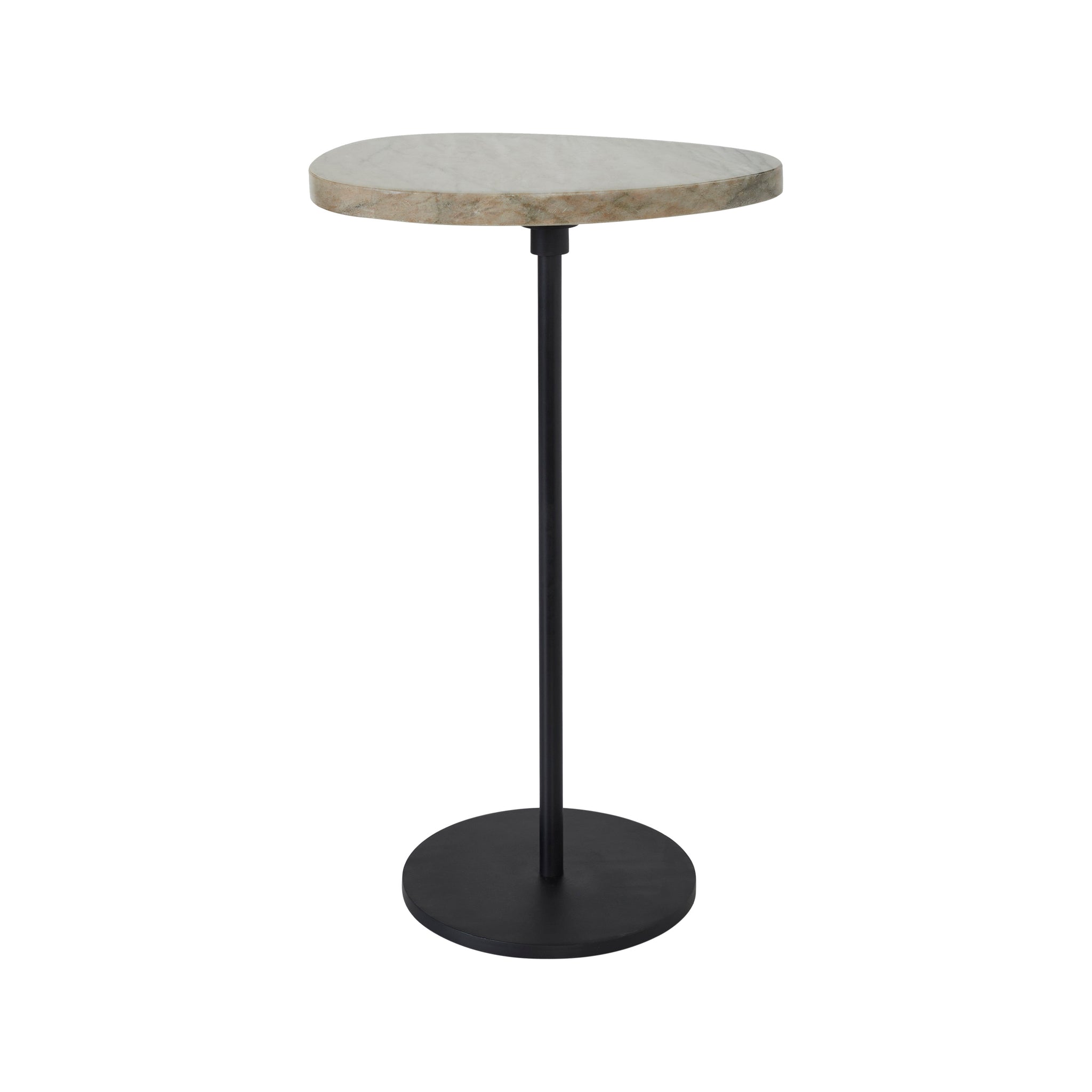 Bethany Side Table with round marble top and black metal base, viewed from the side.