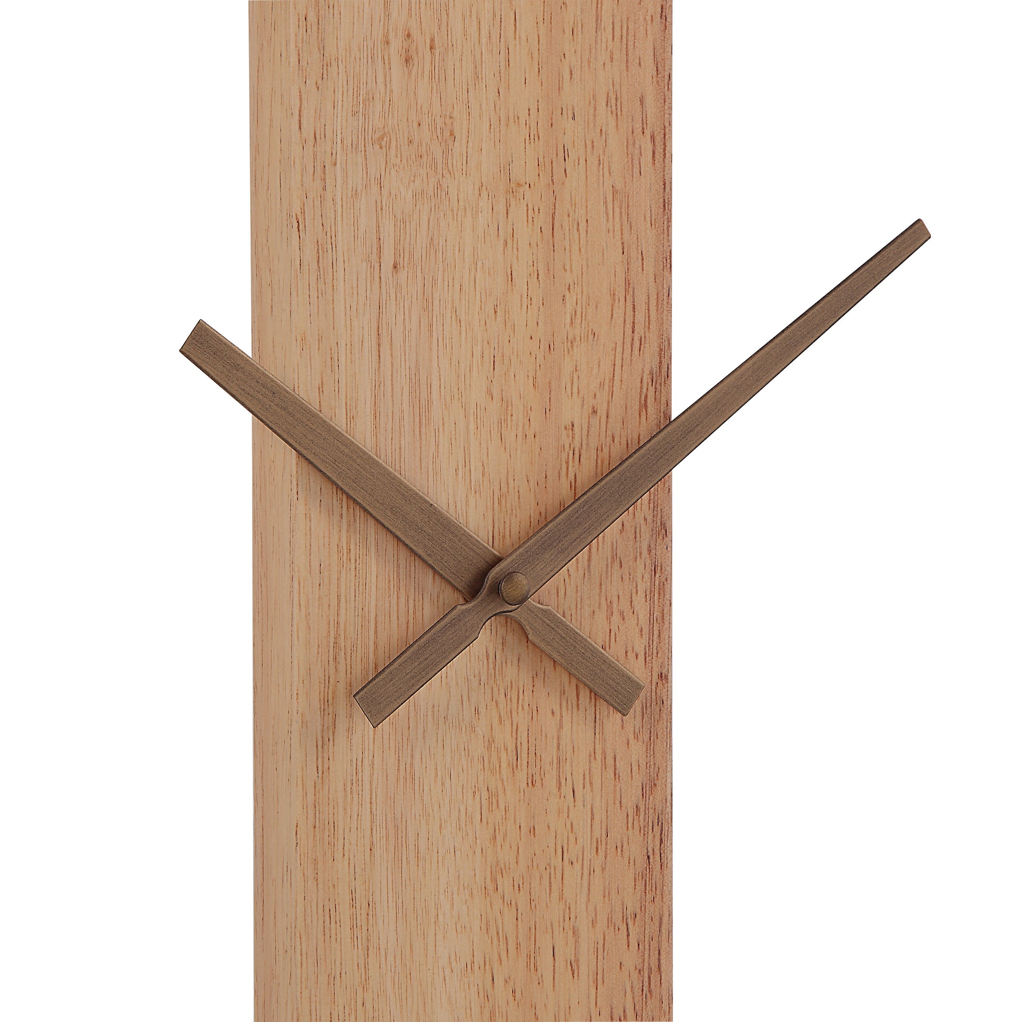 Detailed view of Pollux Wall Clock's wooden base and gold clock hands.