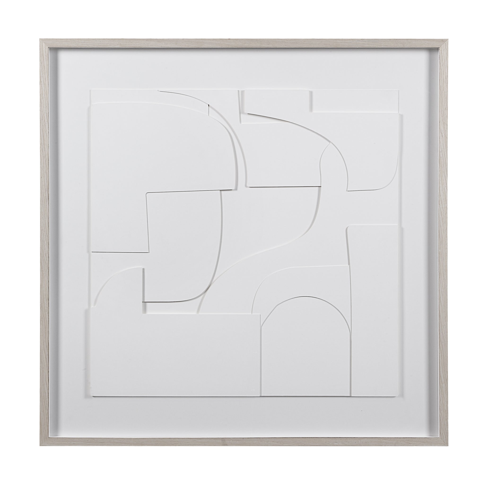 Stardust wall art featuring layered white abstract shapes in a light wood frame.