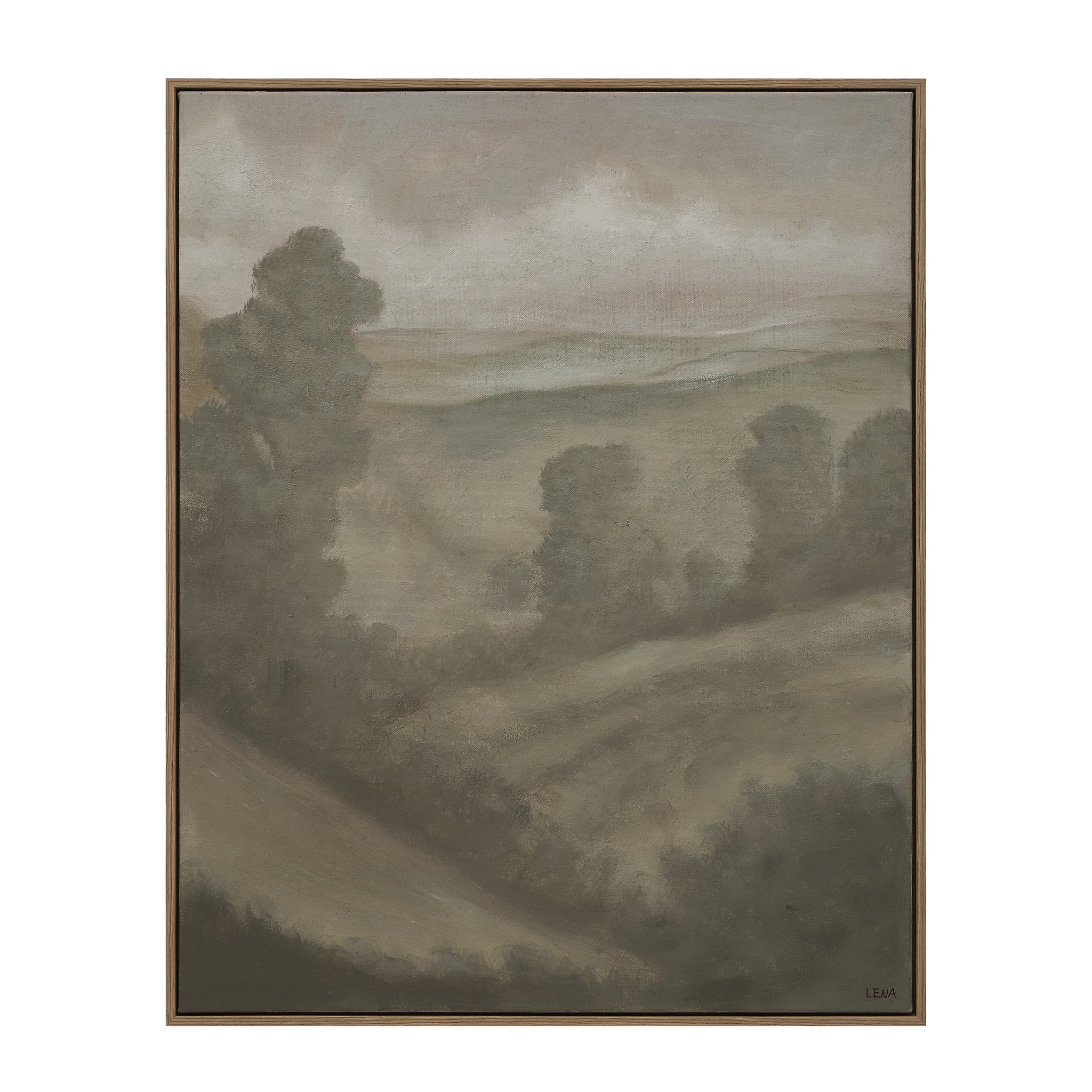 Bruma canvas art featuring a muted landscape with rolling hills and trees in soft gray tones.