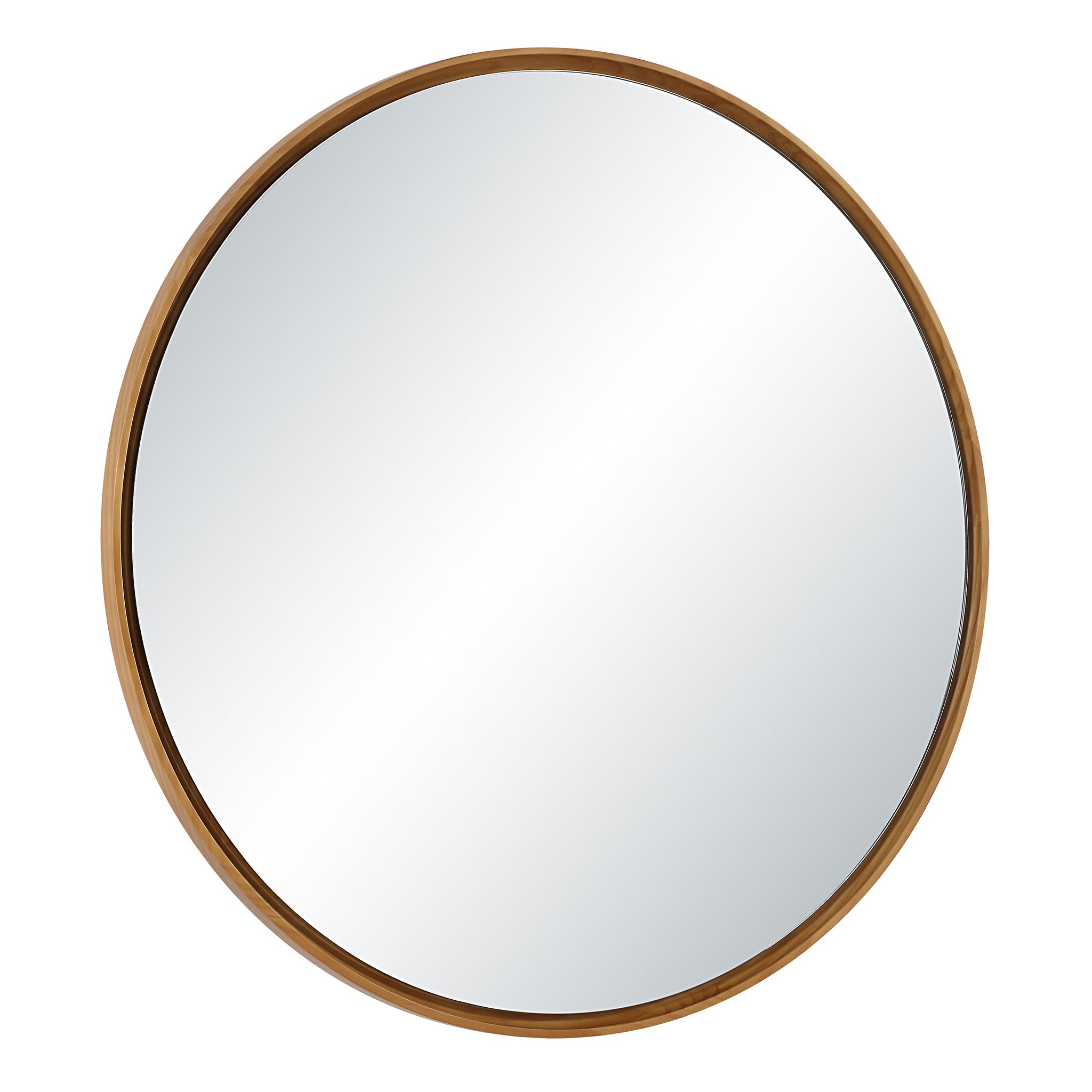 Canna mirror featuring a round design with a warm wood frame, smooth reflective surface.