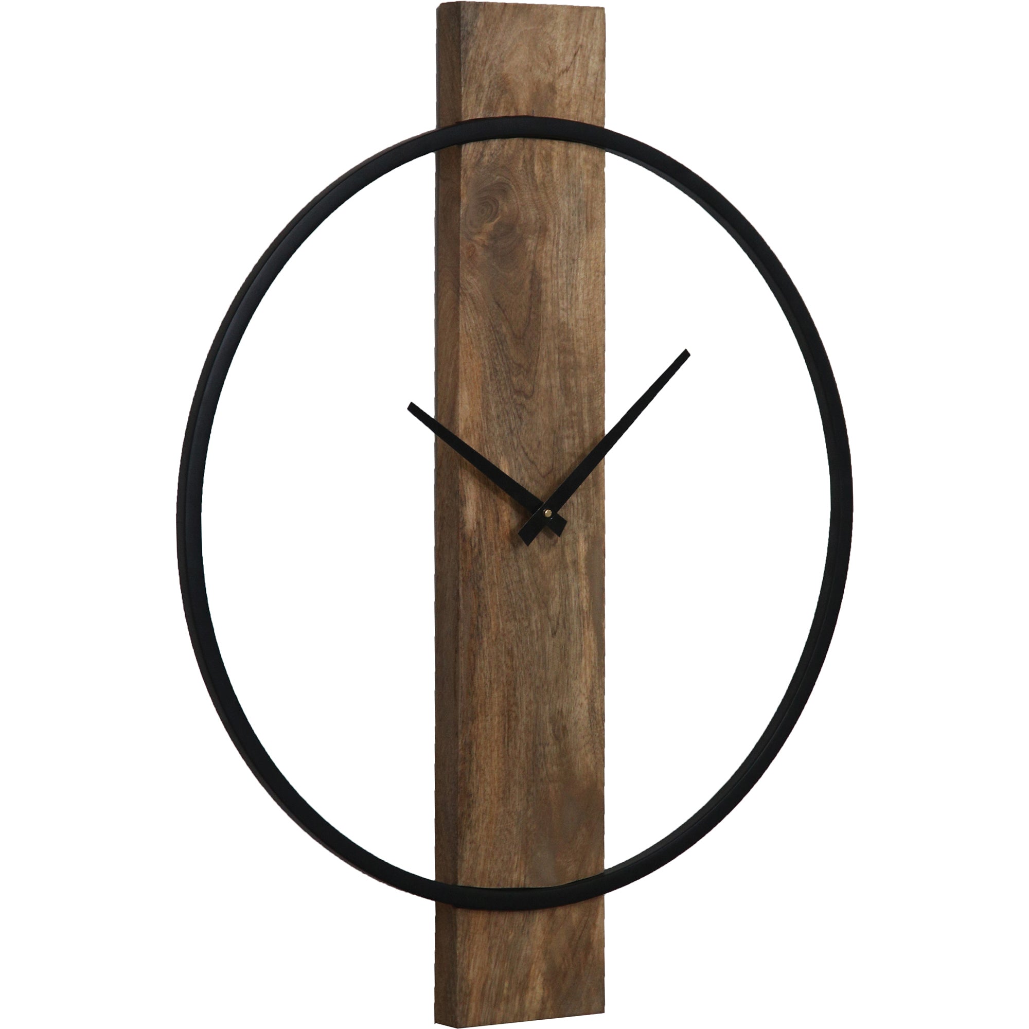 Pearl Clock showcasing a black circular frame, wooden panel, and black clock hands.