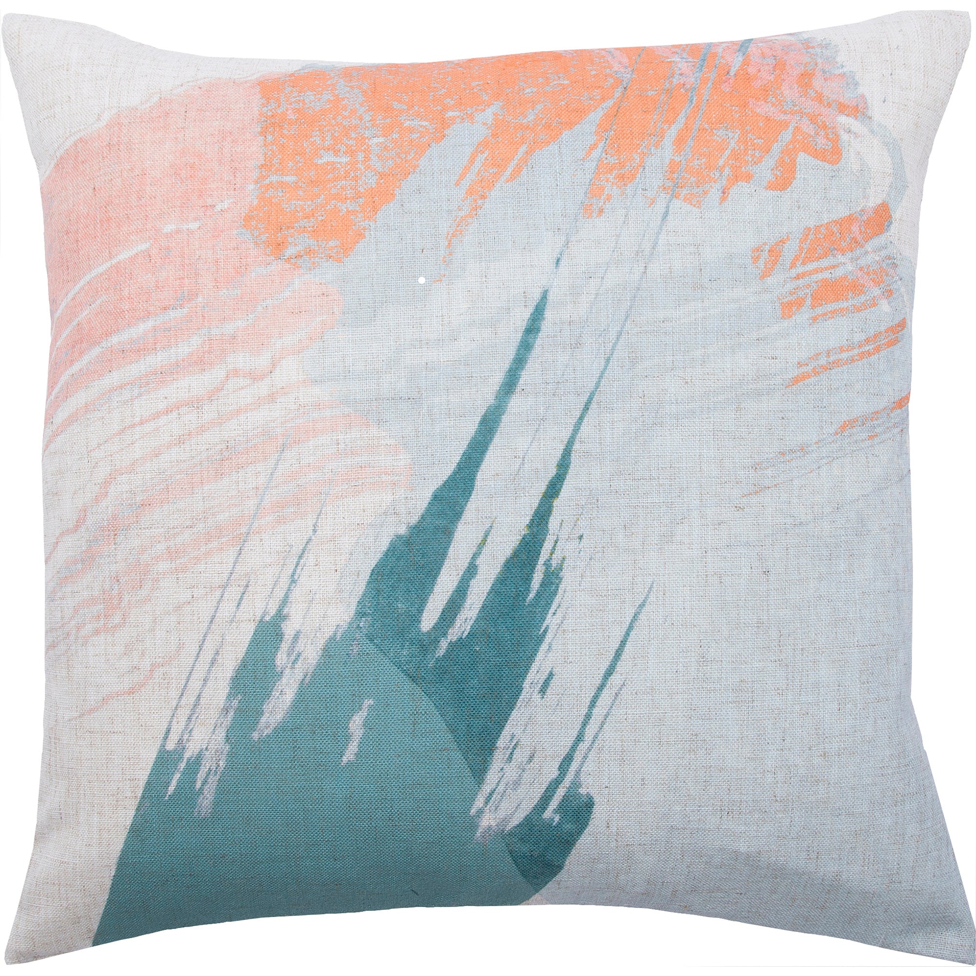 Tavira indoor pillow featuring abstract orange and teal brush strokes on a light background