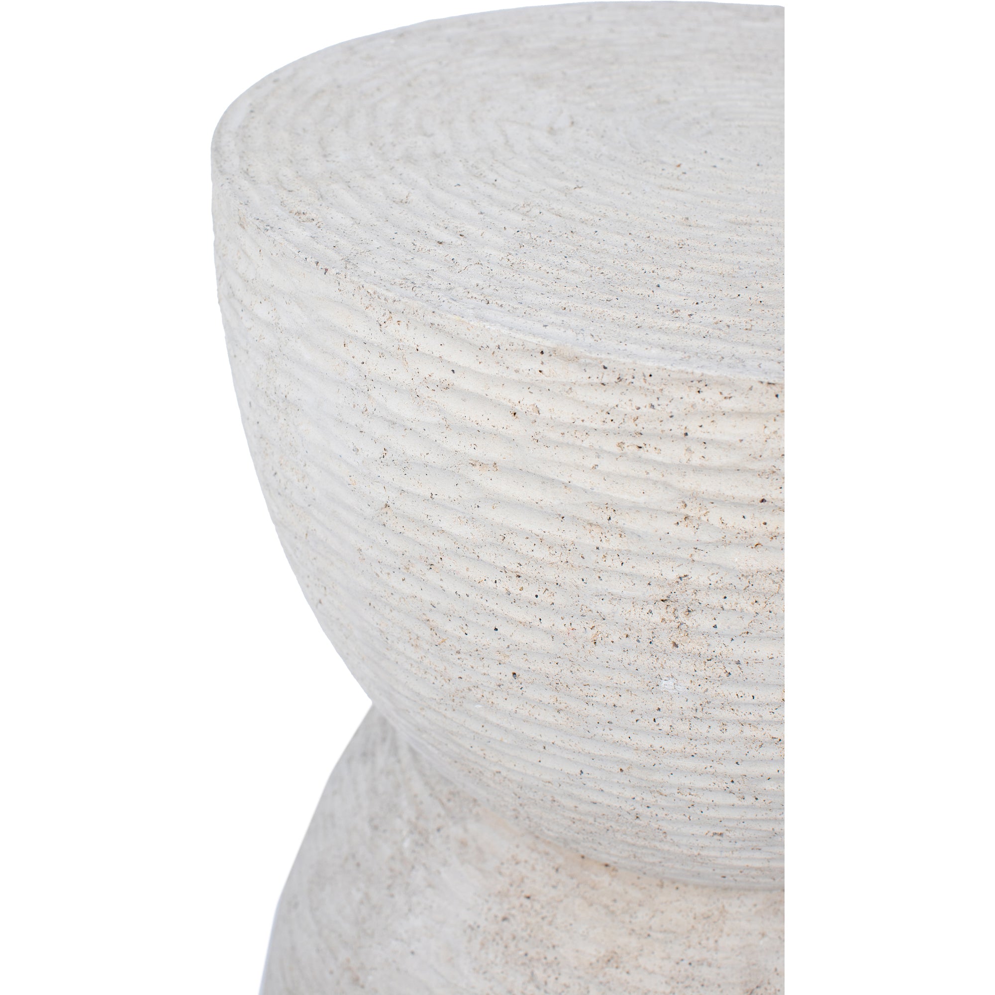 Chayton Side Table close-up highlighting the textured white finish and round top.