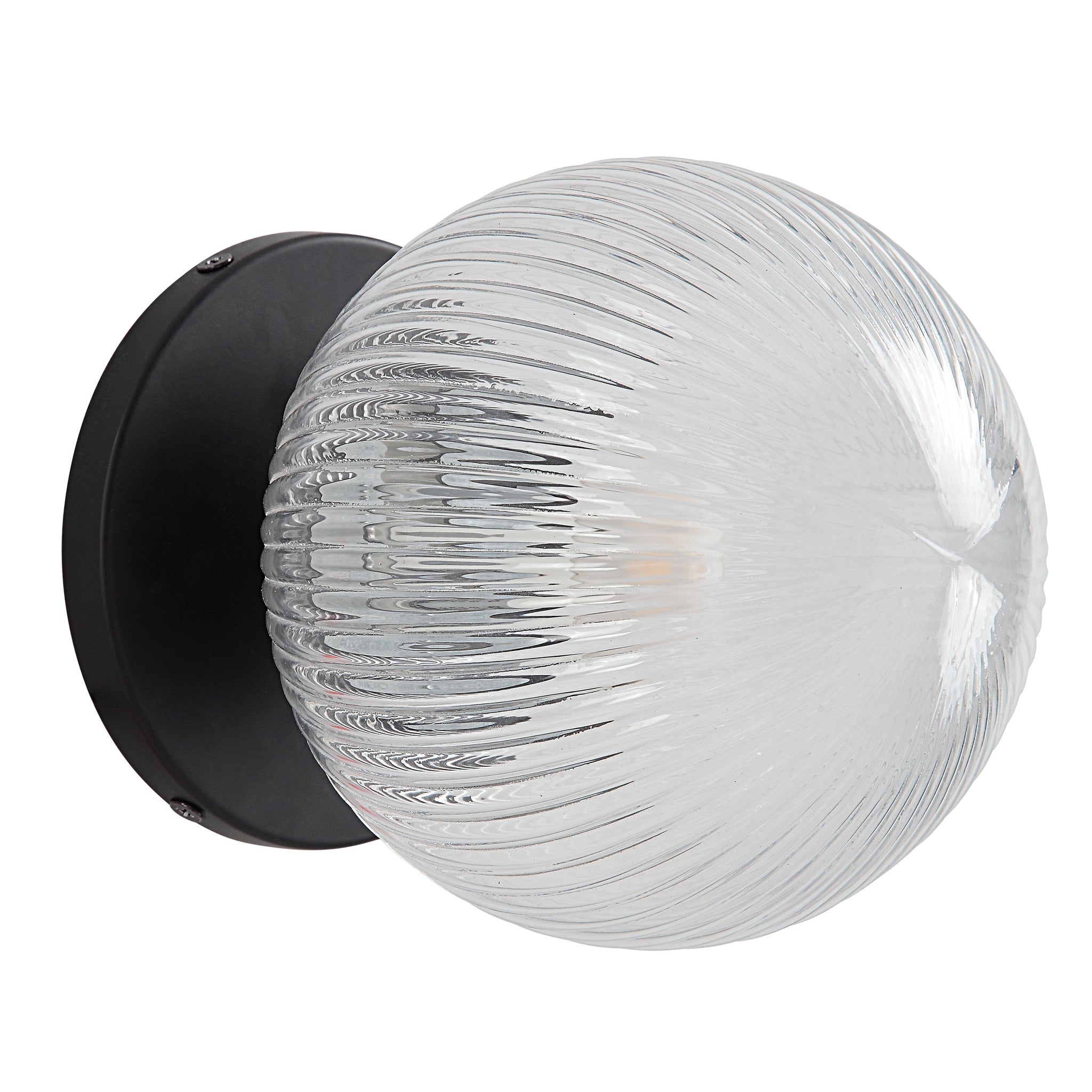 Brian Wall Sconce with clear ribbed glass globe and black metal base, side view.