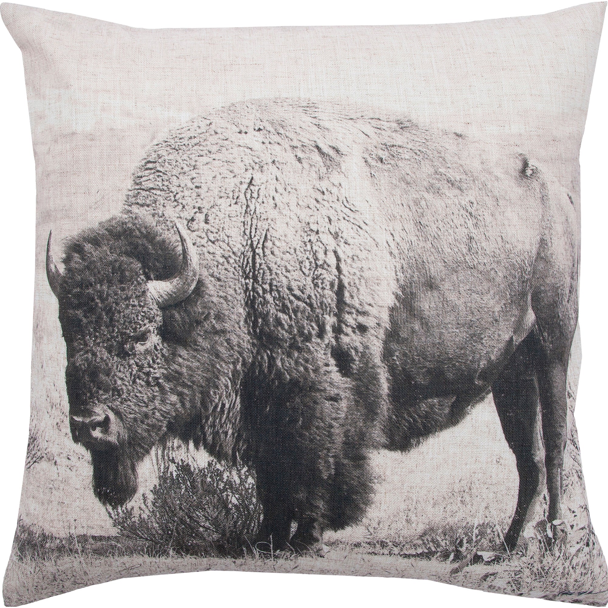Russ indoor pillow featuring a black and white buffalo graphic on a textured fabric.