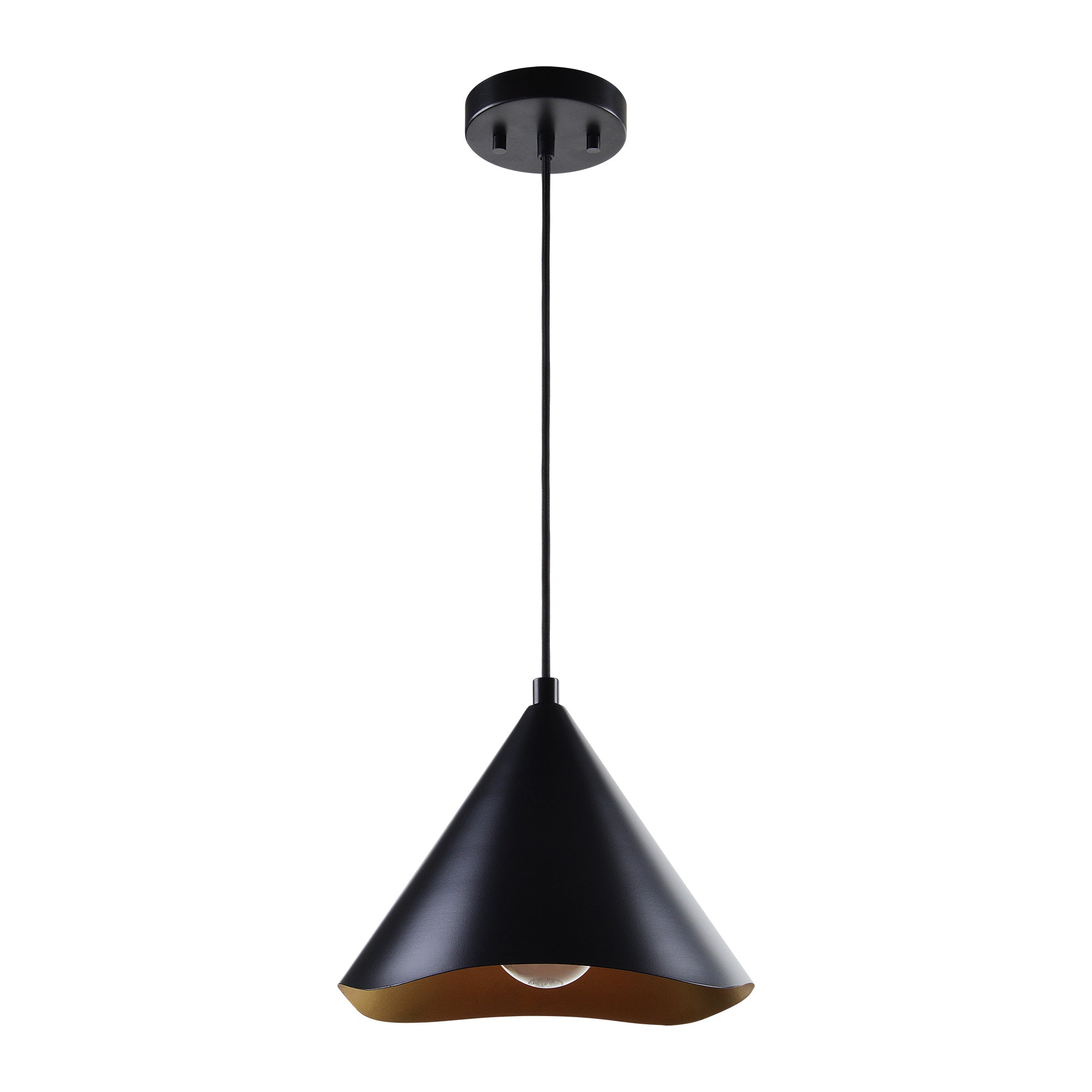 Cinder Ceiling Fixture in black, conical design with gold interior, suspended from ceiling.
