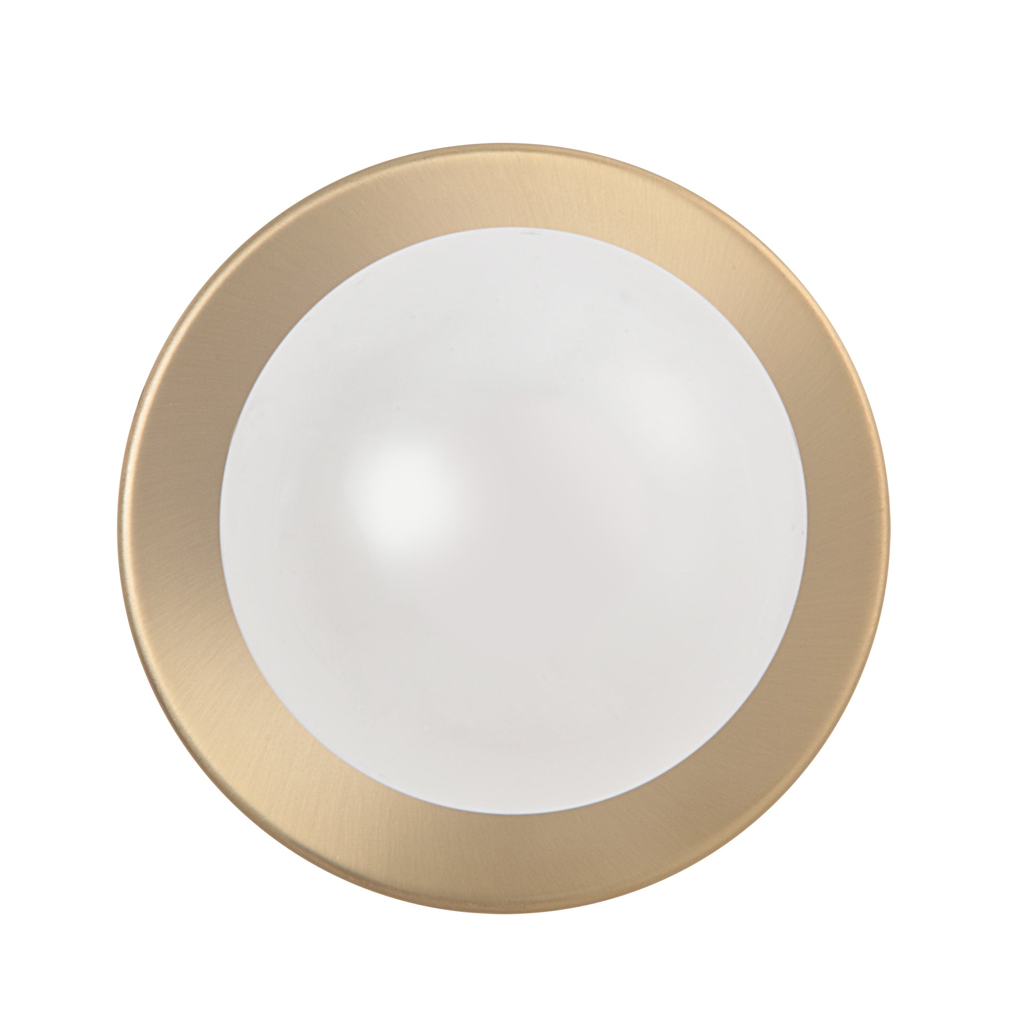 Dania Wall Sconce with a round white glass shade and brushed gold metal trim.