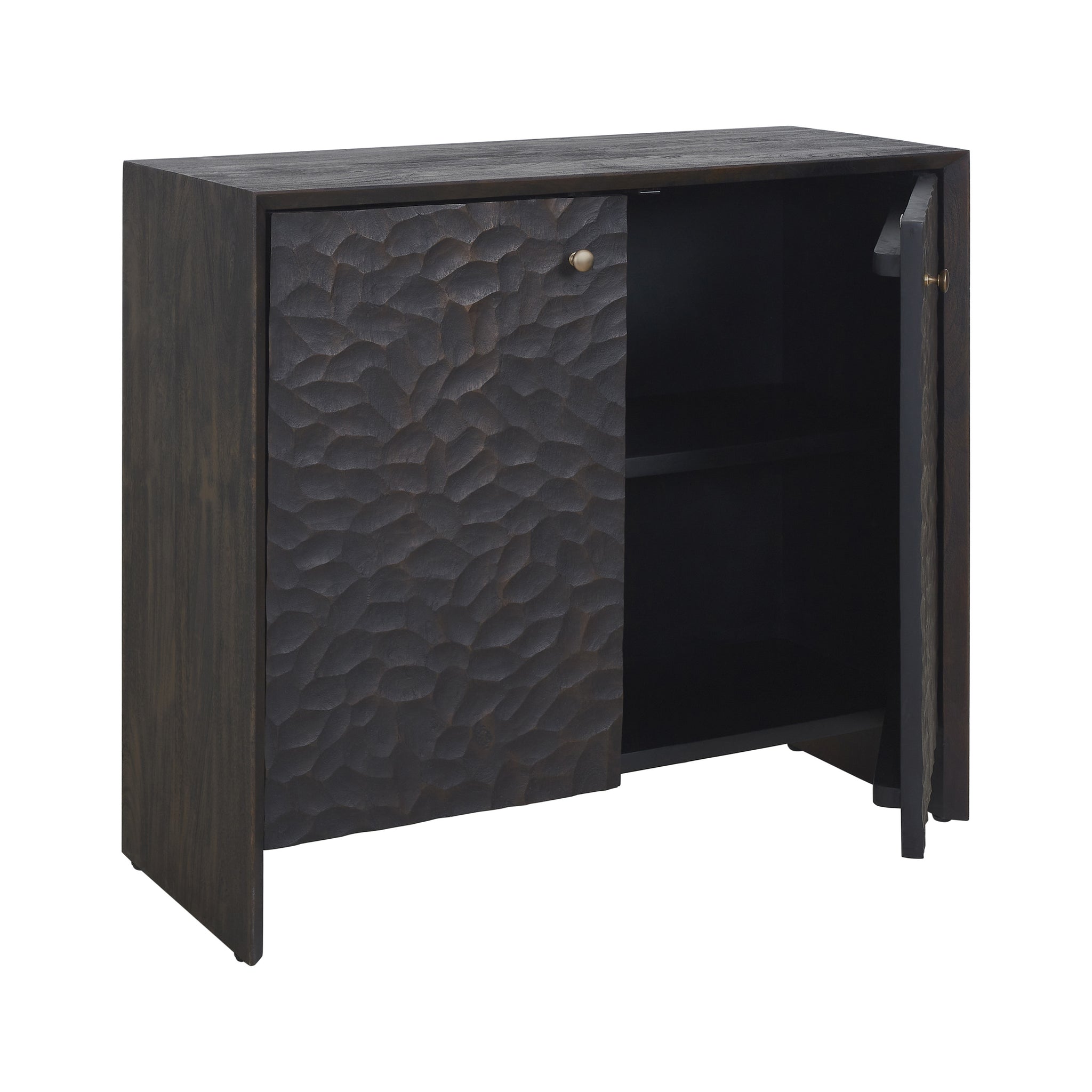 Jean cabinet by Renwil featuring a textured dark wood finish and one open door.