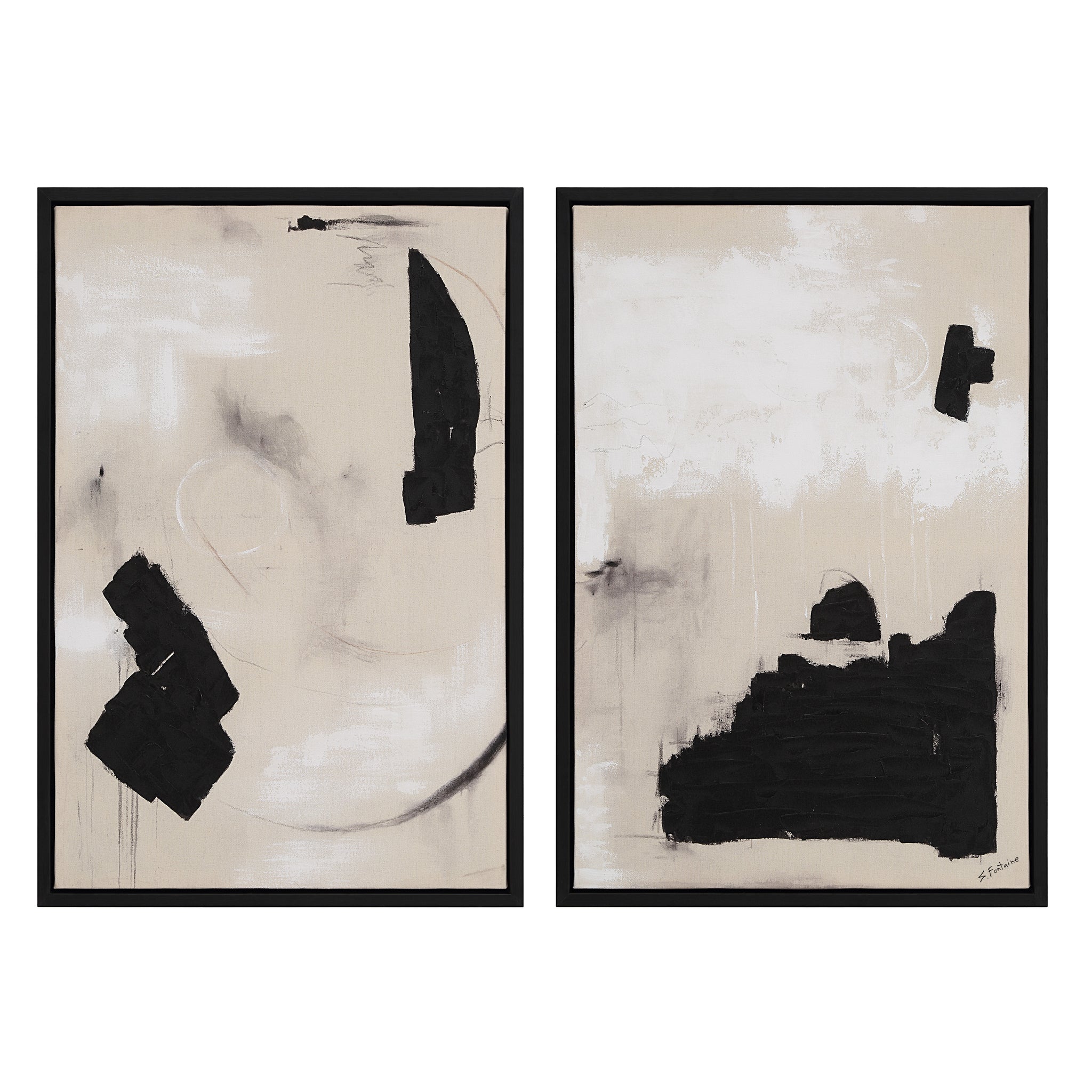 Asia Canvas Art featuring abstract black shapes on a beige background, framed in black.