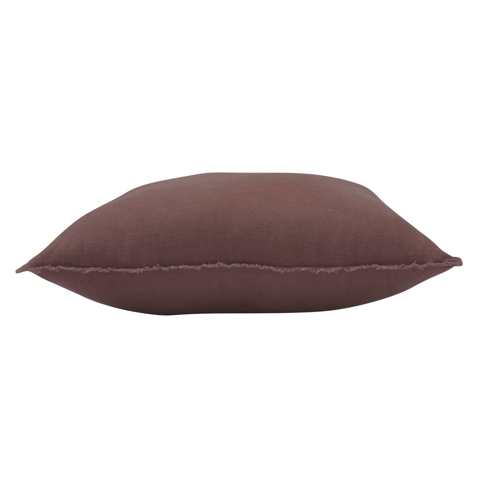 Side view of Pan Indoor Pillow in brown, featuring frayed edges and soft fabric.