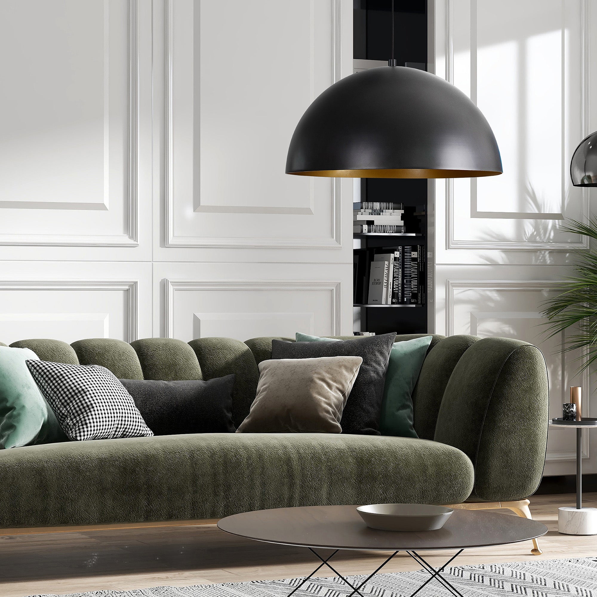 Sina Ceiling Fixture above a green sofa with various pillows, set in a modern living room.