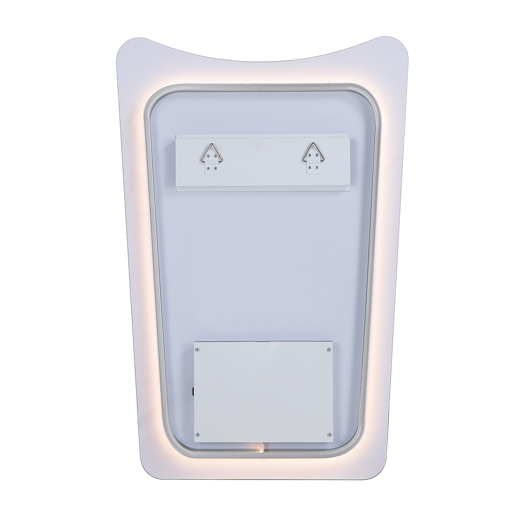 Back view of the Rimini Led Mirror, displaying mounting hardware and LED outline.