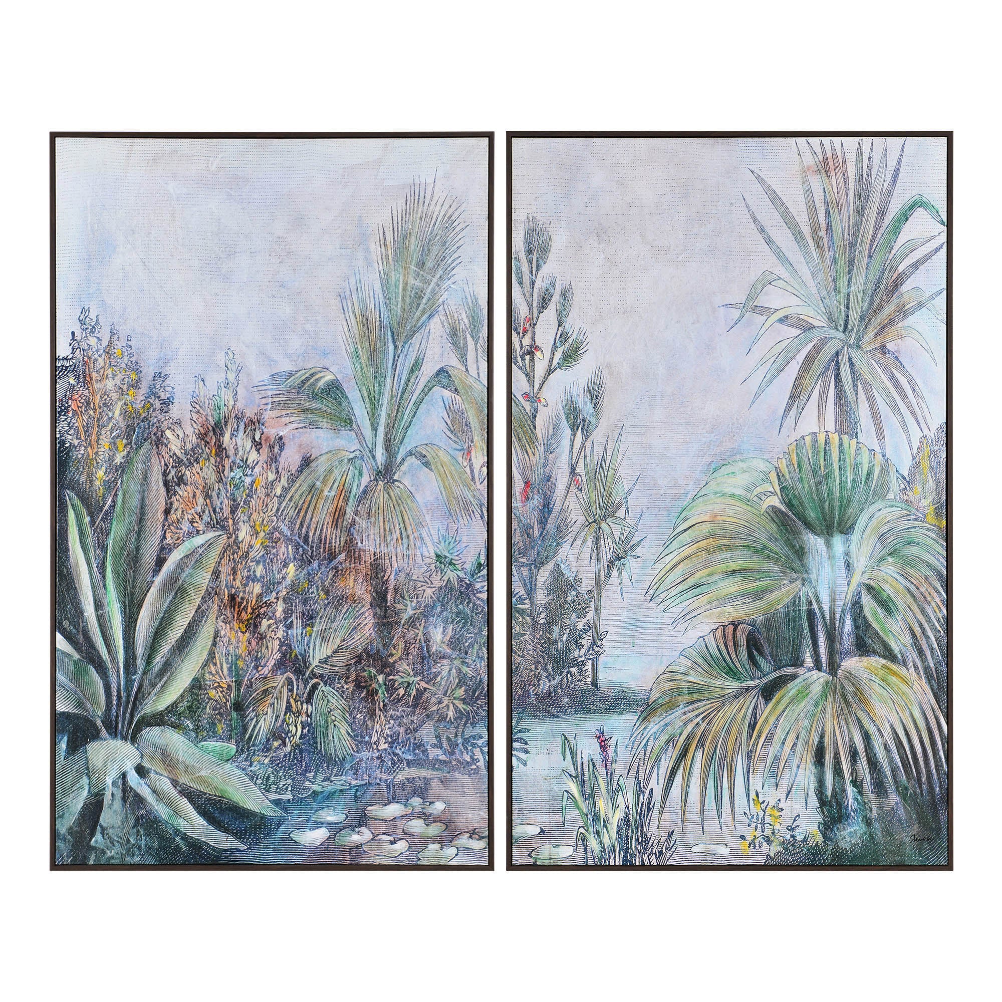 Labyrinth Canvas Art featuring tropical plants in soft colors, framed in dark wood.
