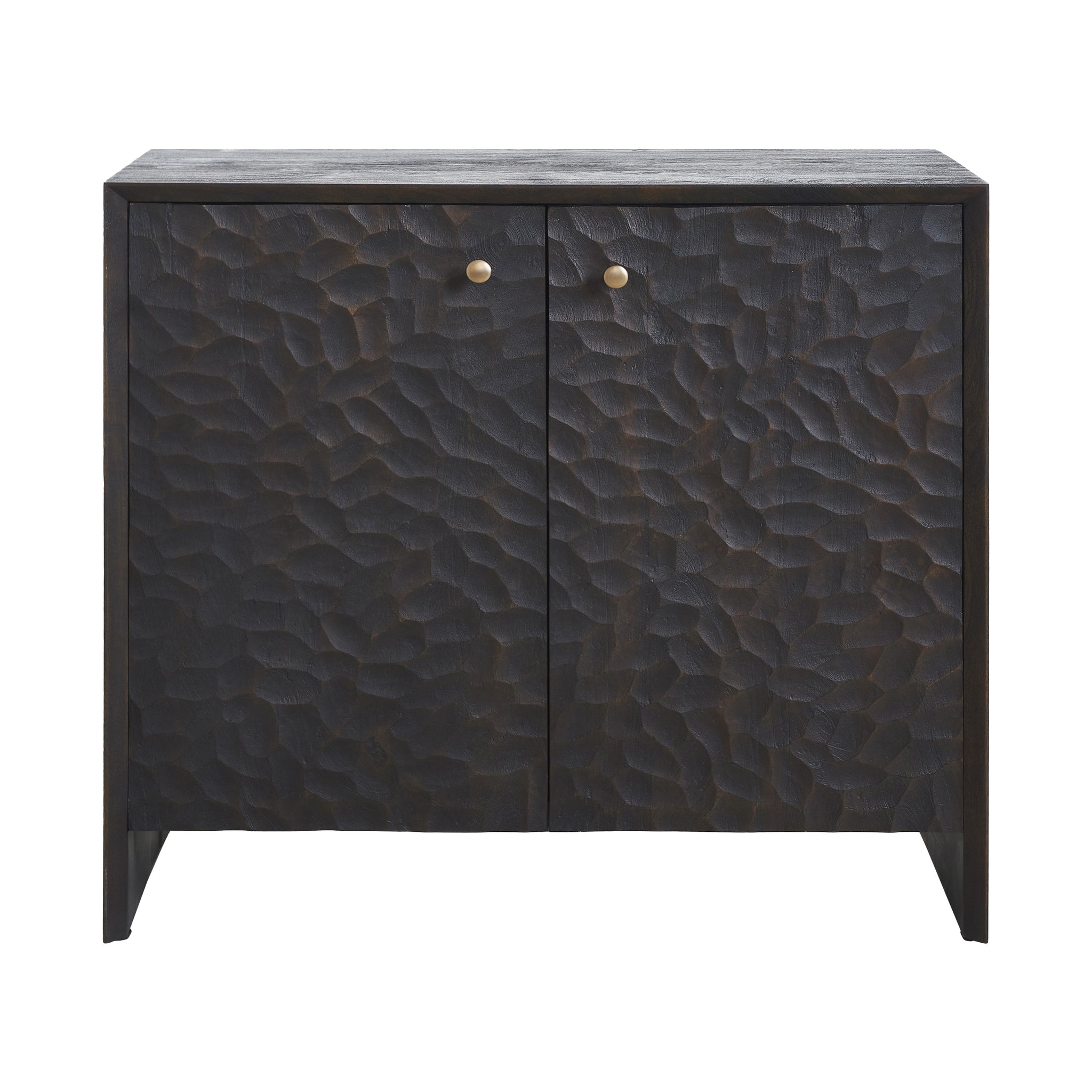 Jean Cabinet by Renwil featuring a textured dark wood finish and gold knobs