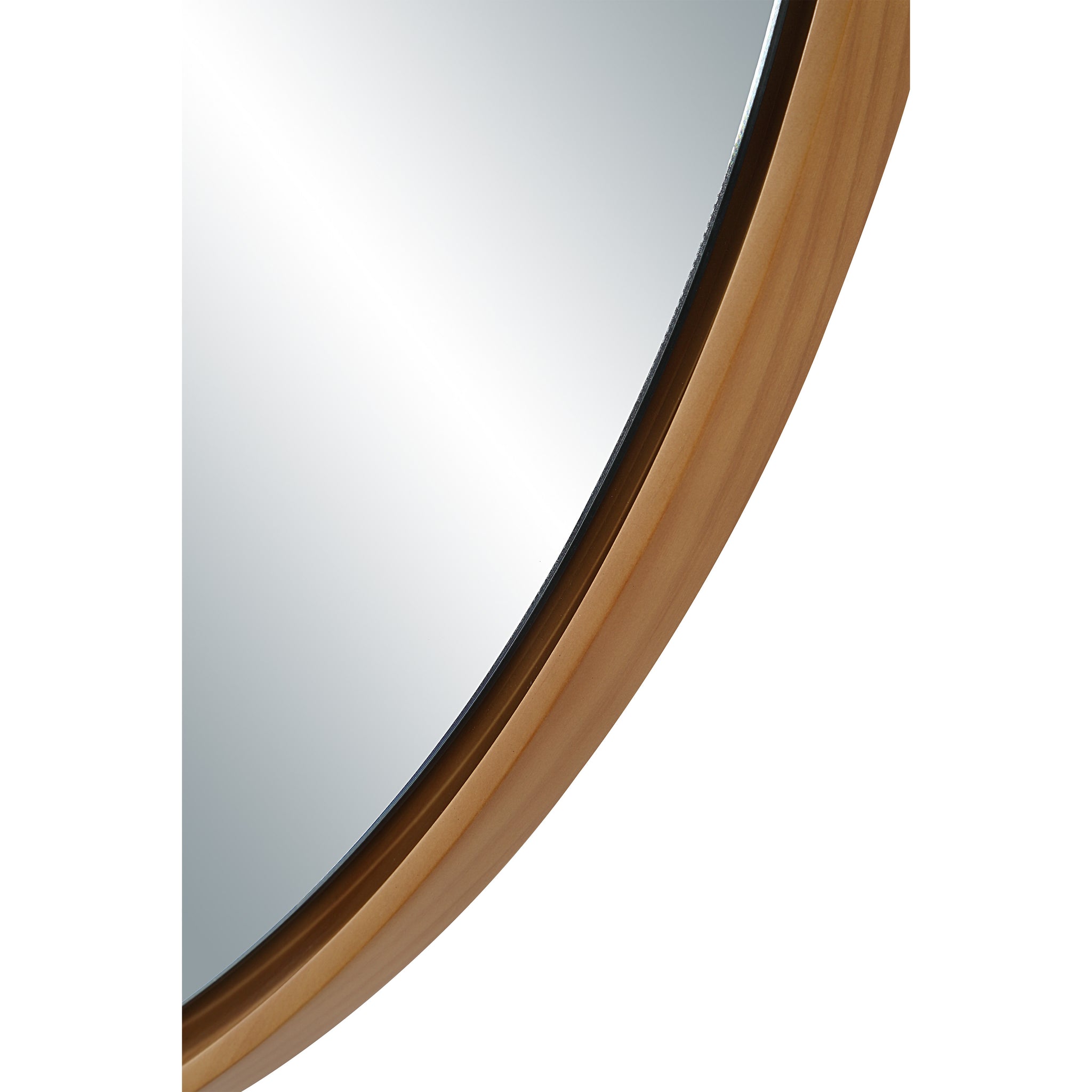 Close-up of Canna mirror's wooden frame, highlighting the smooth edge and reflective glass.